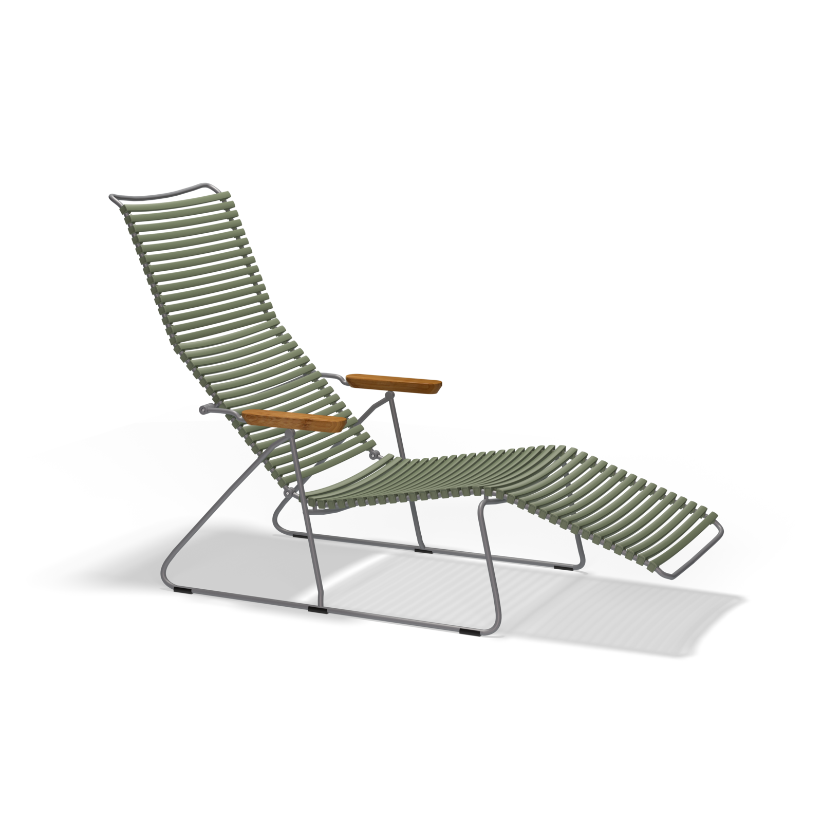The Click Sunlounger by Houe is a modern green lounge chair with ribbed texture, wooden armrests, and a metal frame. Its reclining design with footrest is UV-protected for durability against outdoor elements.