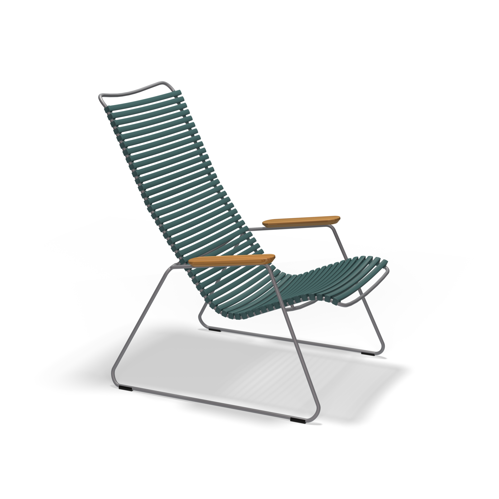 The Click Lounge Chair by Houe boasts a teal high slatted backrest and seat with durable plastic lamellas, metal legs, and wooden armrests. Its sleek, minimalist design makes it perfect for contemporary spaces.