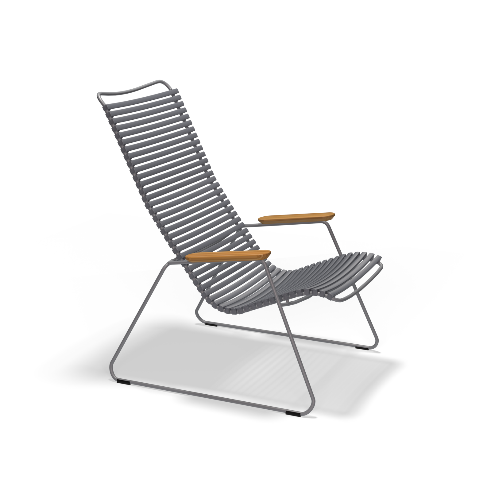 The Click Lounge Chair by Houe is a sleek, minimalist chair featuring a weather-resistant metal frame and slatted back and seat. Its bamboo armrests contrast beautifully with the dark frame, making it ideal for outdoor use against a plain black background.