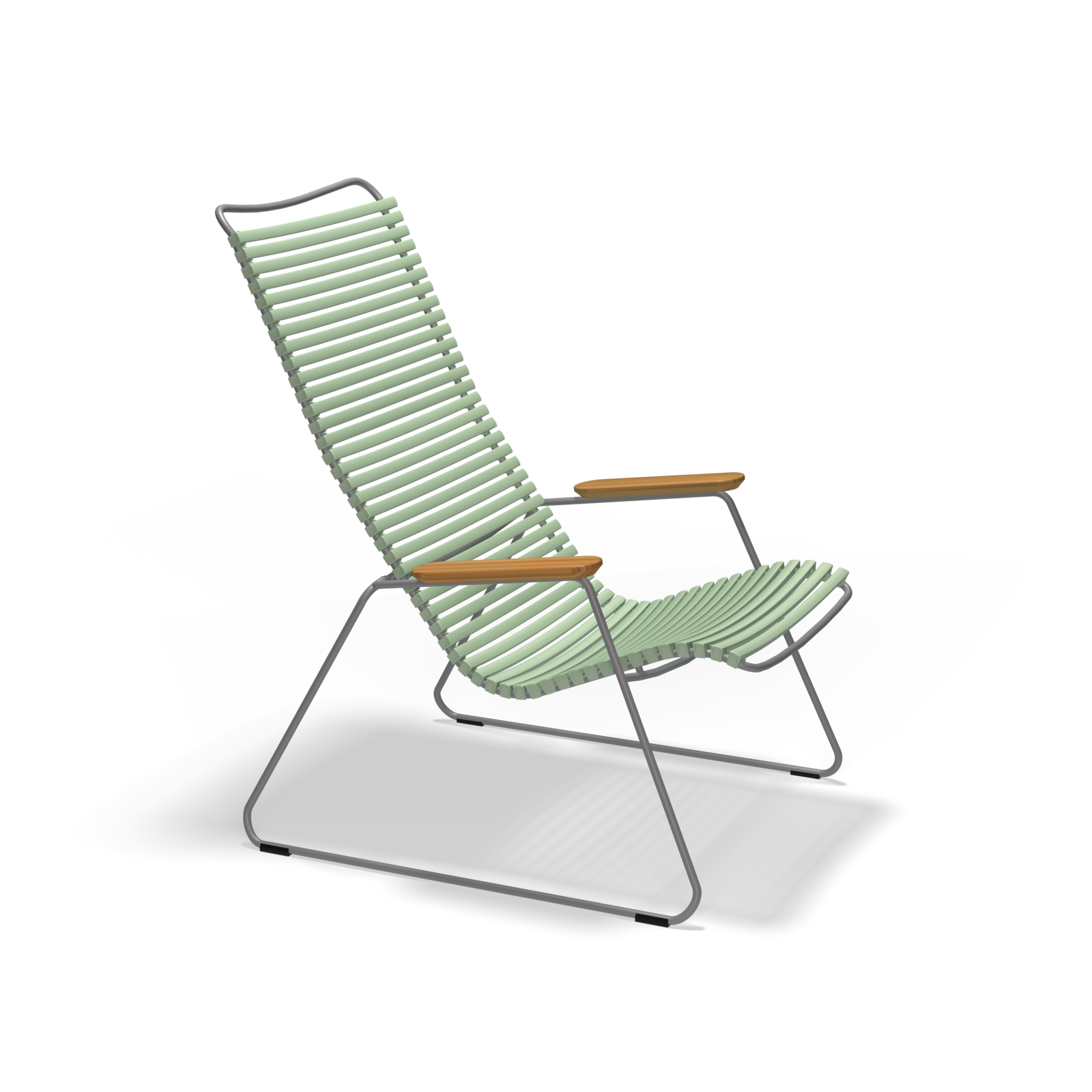 The Click Lounge Chair by Houe is a modern outdoor piece with a sleek design. It features a high backrest and seat made of horizontal green bamboo slats, a minimalist black metal frame, weather-resistant qualities, wooden armrests, angled legs, and offers contemporary style.