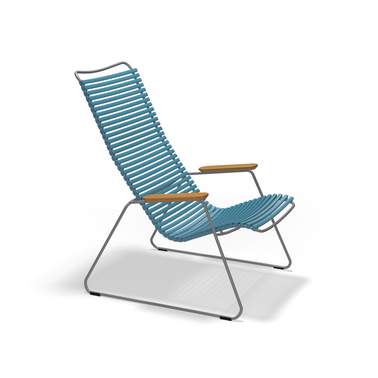 The Click Lounge Chair by Houe is a stylish outdoor chair with a high back and armrests. It features a weather-resistant blue woven seat and back, supported by a sleek black metal frame with light brown bamboo armrests for contrast.