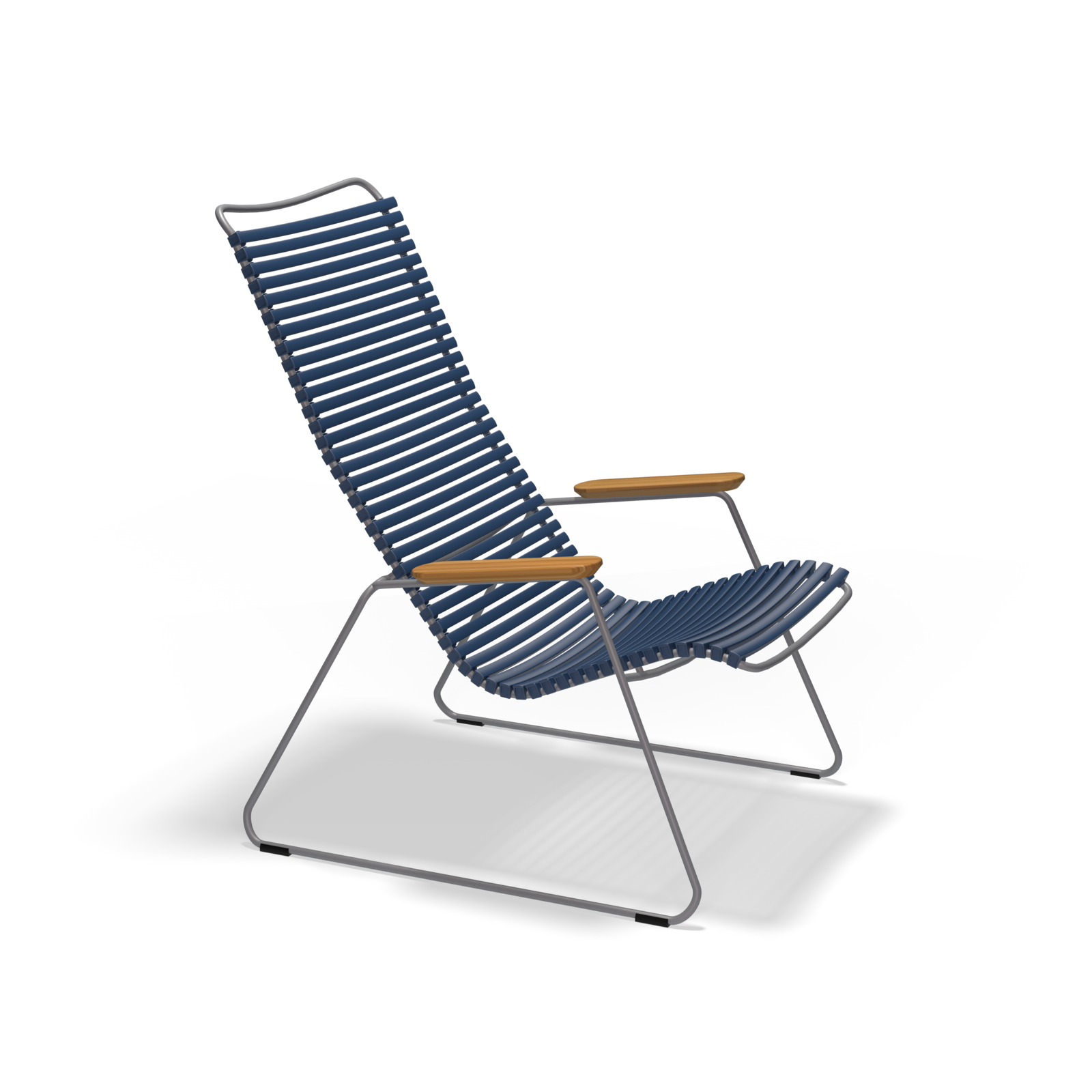 The Click Lounge Chair by Houe is a stylish outdoor seating option, featuring a weather-resistant metal frame, blue slatted seat and backrest, light wooden armrests, and a minimalist design. Set against a black background, its the perfect modern addition to any patio.