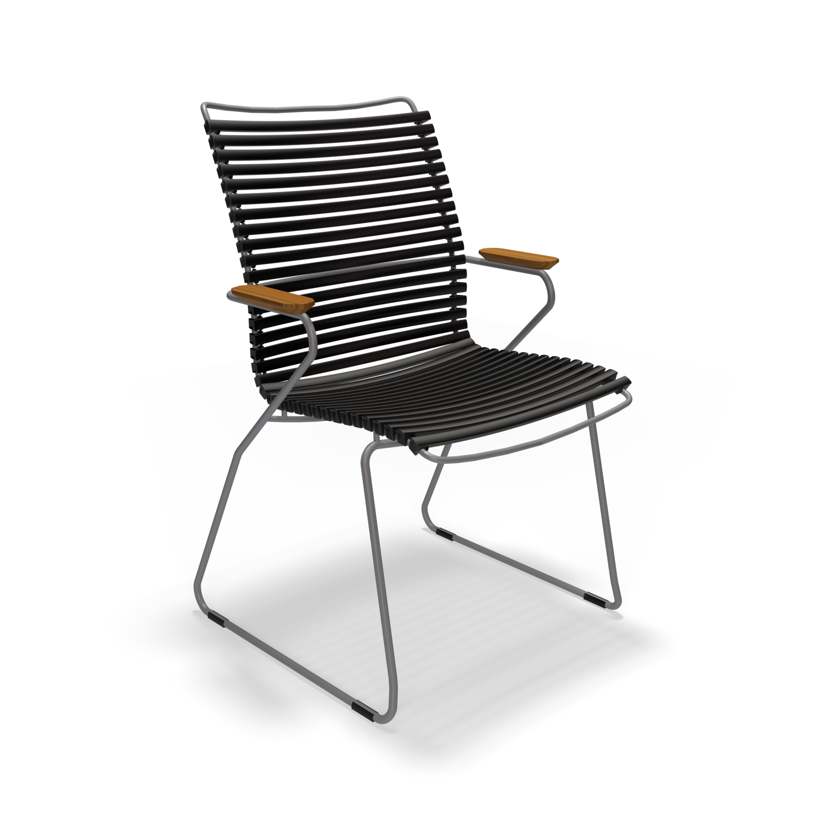The Click Dining Chair with Armrest by Houe features a sleek black metal frame and UV-protected, weather-resistant slats. Its light wood-finished armrests enhance its modern and minimalist design.