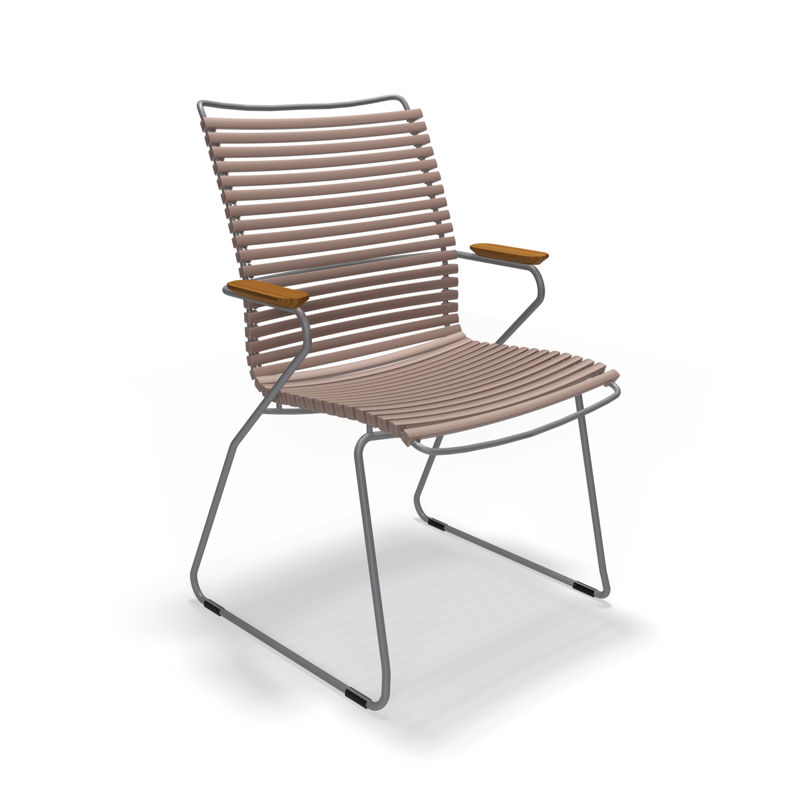 The Click Dining Chair with Armrest - Tall Back by Houe features a modern design with curved metal rods supporting horizontal slats for the seat and backrest. It has UV-protected wooden armrests and weather-resistant wireframe legs, all set against a sleek black background.