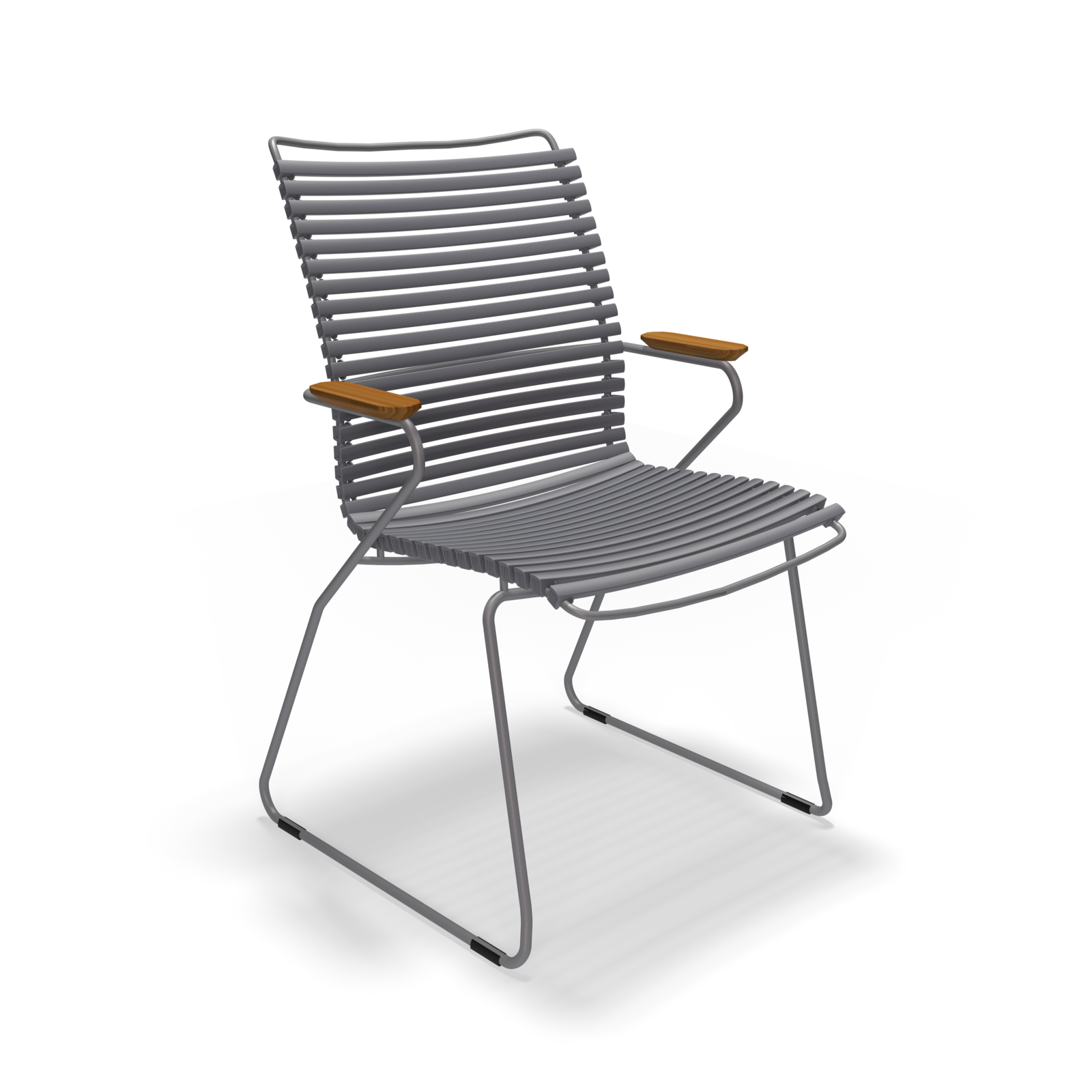 The Click Dining Chair with Armrest - Tall Back by Houe features a minimalist design with a ribbed metal frame and sleek wooden armrests. Crafted for outdoor use, this chair is weather-resistant and offers UV protection, ensuring durability against any solid black background.