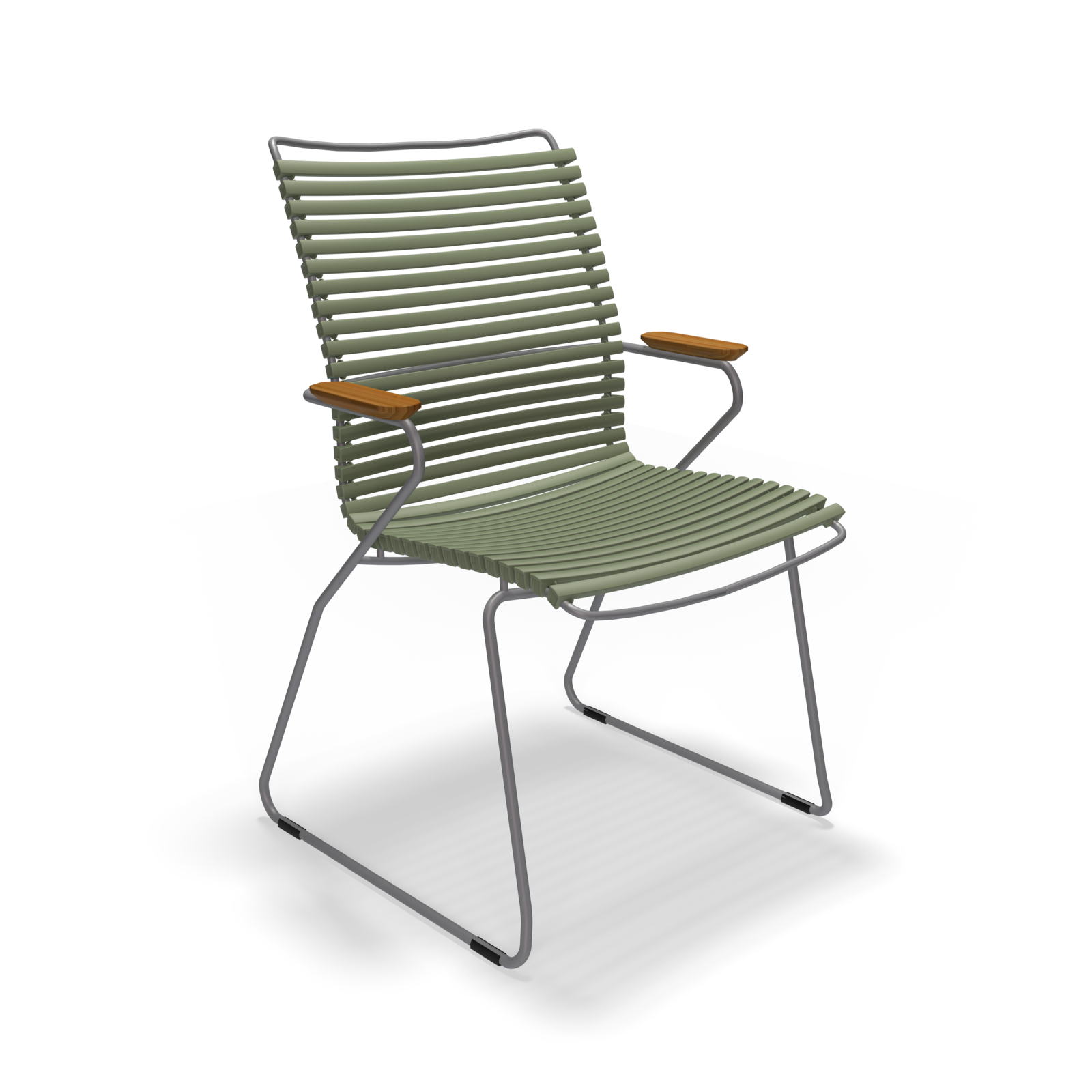 The Click Dining Chair with Armrest - Tall Back by Houe features a contemporary olive green design, horizontal rope on a sleek metal frame, and curved armrests with wooden accents. Ideal for outdoor use, its weather-resistant and UV-protected for durability.