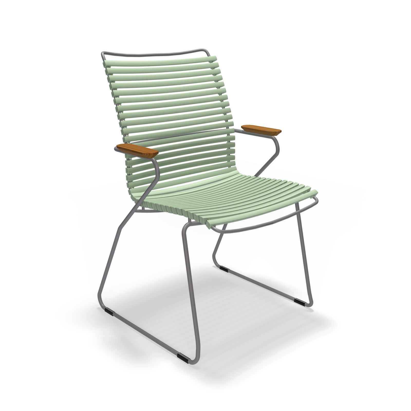 The Click Dining Chair with Armrest - Tall Back by Houe features a light green color, metal frame, and slatted design perfect for outdoor seating. It includes wooden armrests and offers a minimalist, modern style thats weather resistant and UV protected. Presented on a plain black background.