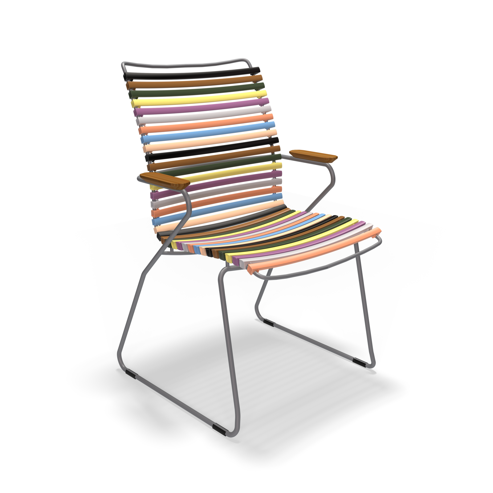 The Click Dining Chair with Armrest - Tall Back by Houe features a metal frame and horizontal, UV-protected, multi-colored slats. It includes wooden armrests and offers a colorful, weather-resistant modern design against a black background, perfect for outdoor use.