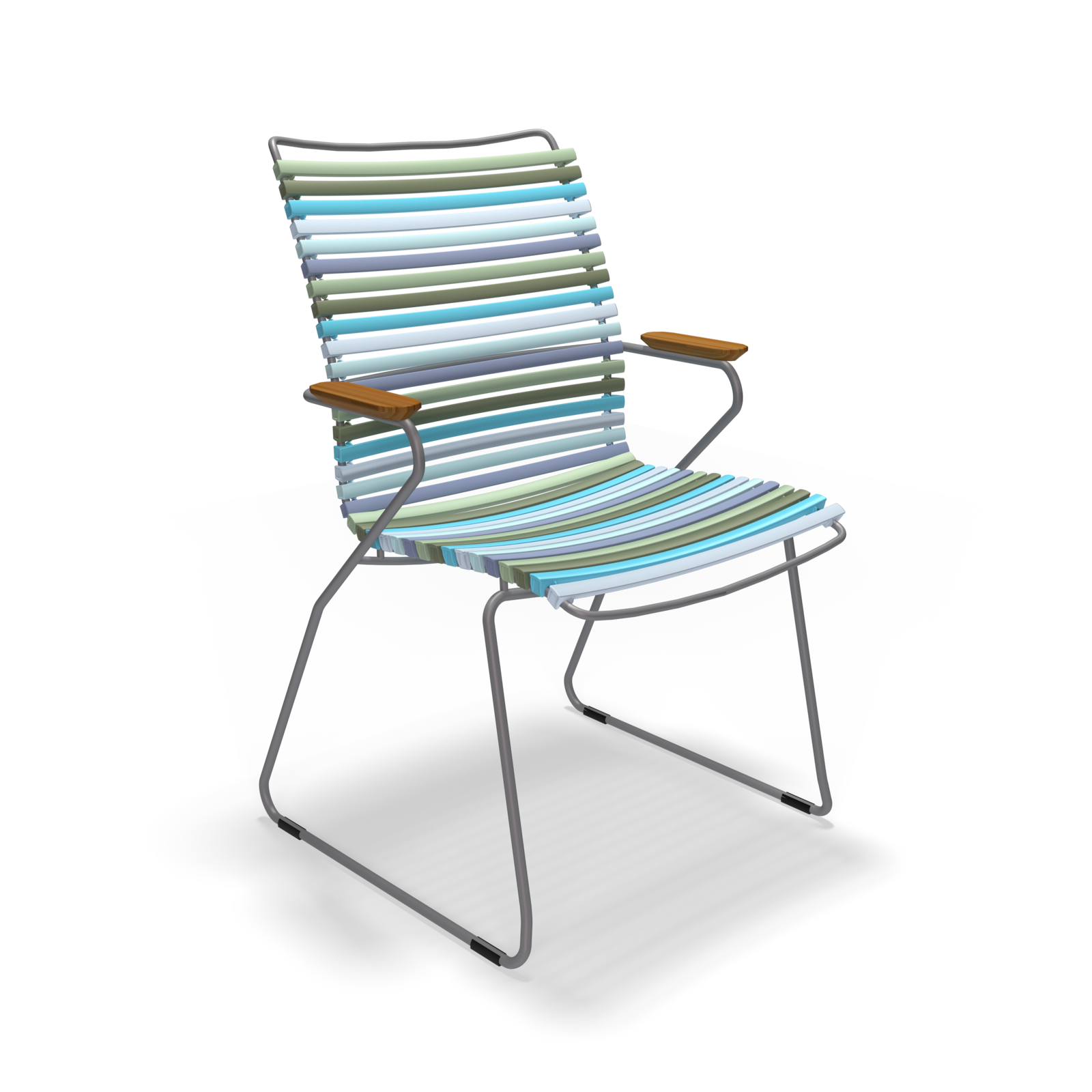 The Houe Click Dining Chair with Armrest - Tall Back is a modern outdoor chair featuring a striped seat and back in blue, green, and white. It offers UV protection, weather-resistant materials, metal legs, wooden armrests, and a plain black background.