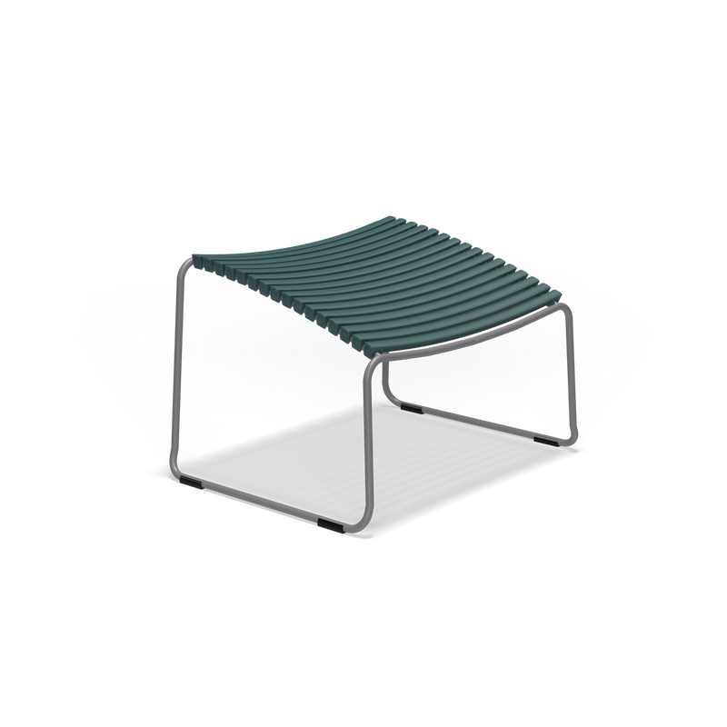 Introducing the Click Footrest by Houe, a modern minimalist stool with a UV-protected metal frame and curved green slatted seat. Its sleek design features slightly arched plastic lamellas, making it an ideal companion for outdoor chairs.
