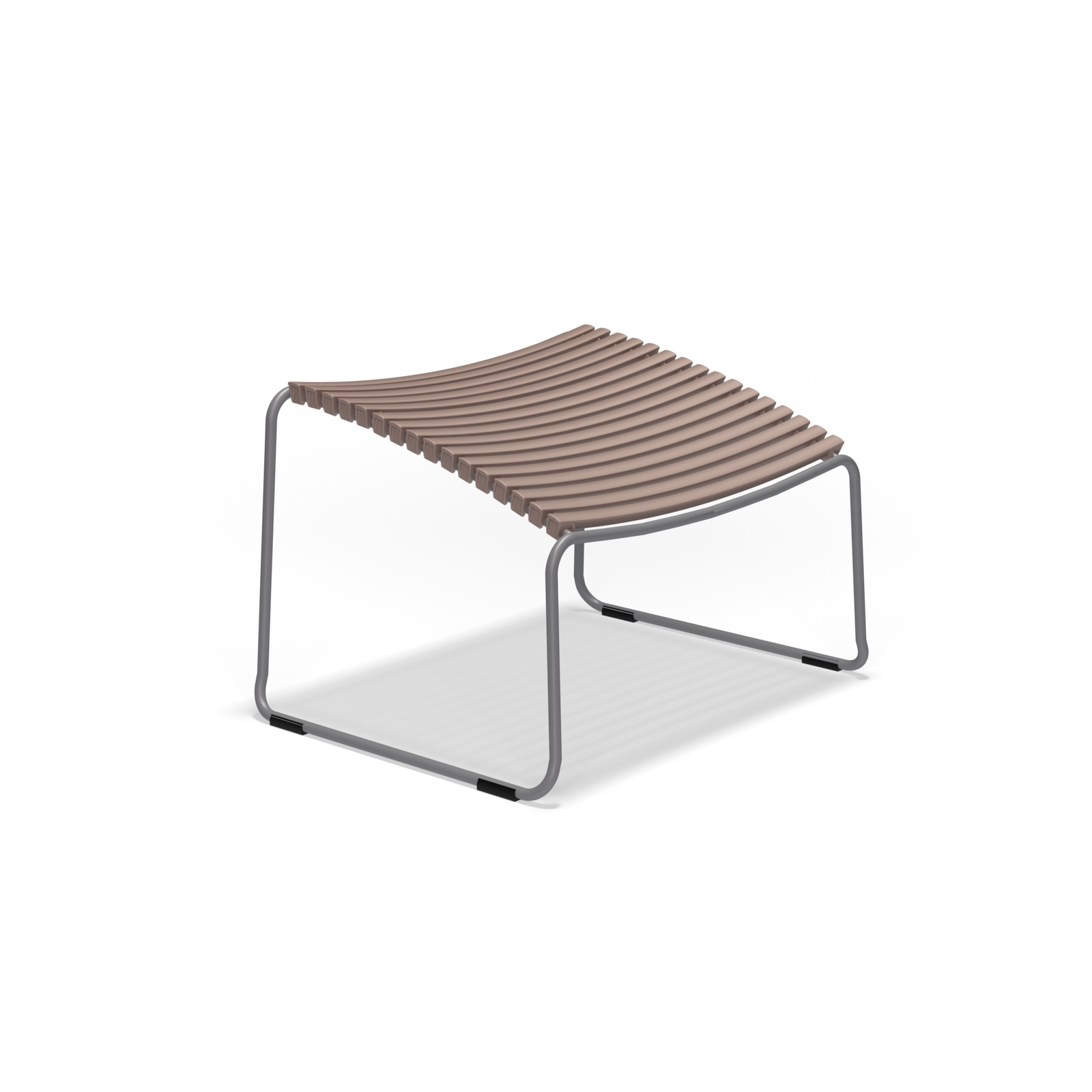 The Click Footrest by Houe is a modern stool featuring a curved seat made of slender, evenly spaced wooden slats supported by a simple metal frame. Its UV-protected, sleek plastic lamellas enhance durability while maintaining its contemporary aesthetic.