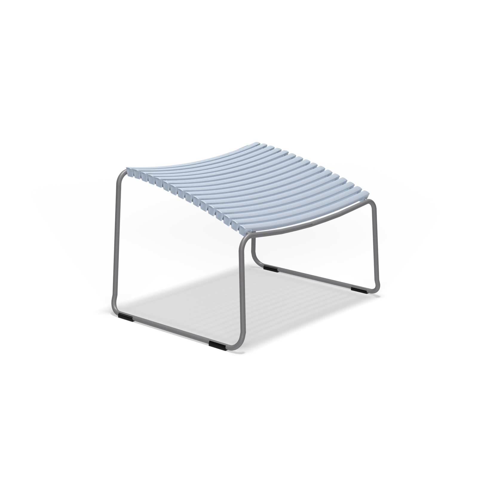 The Click Footrest by Houe is a modern stool with a minimalist design, featuring light blue plastic lamellas for the seat. Supported by a sleek, curved dark metal frame and UV-protected for durability, its perfect for outdoor use.