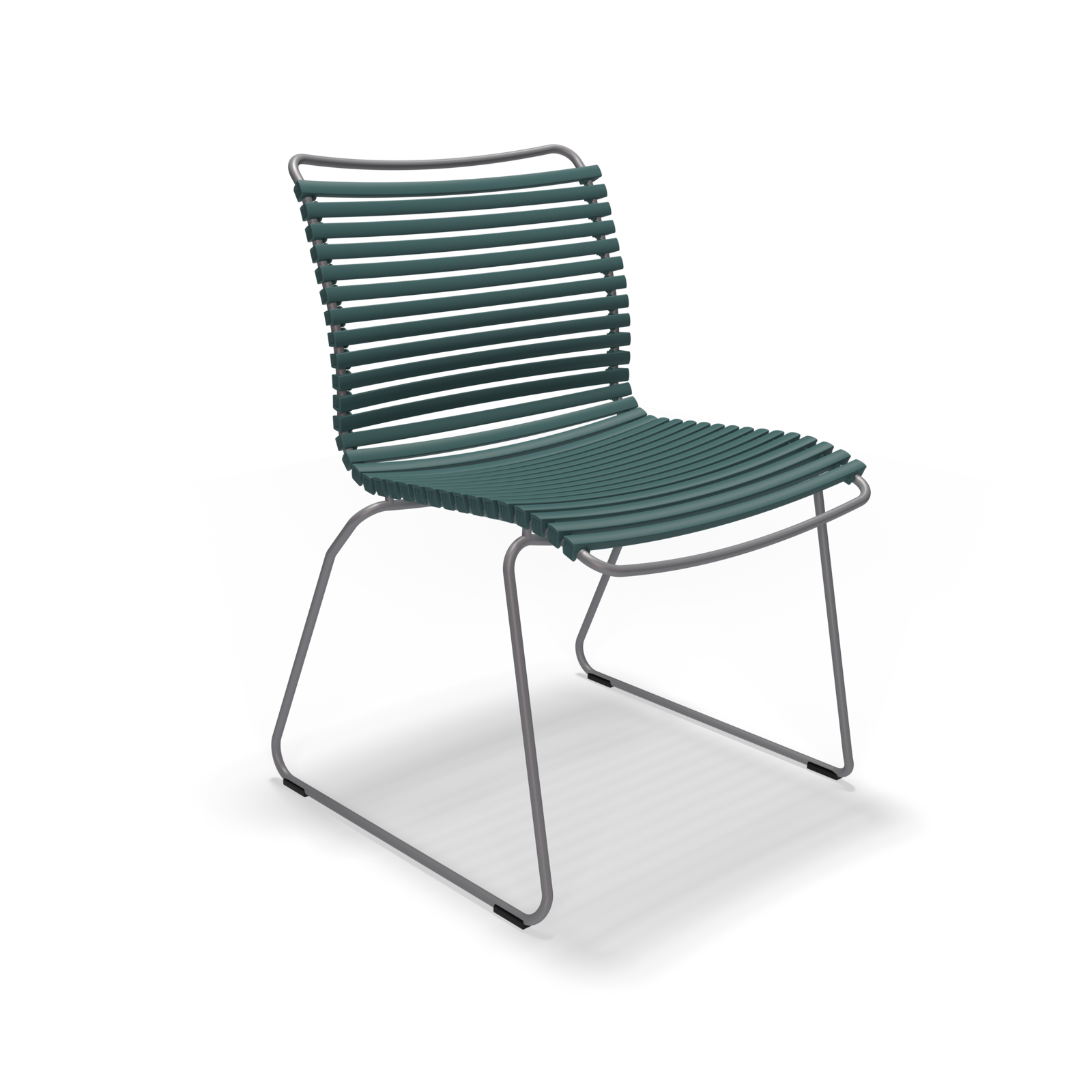 The Click Dining Chair without Armrest by Houe is a modern piece with a sleek, minimalist design. It has weather-resistant dark green plastic lamellas for the seat and backrest, supported by a thin metal base with angled legs. This airy contemporary style is perfect for outdoor settings.