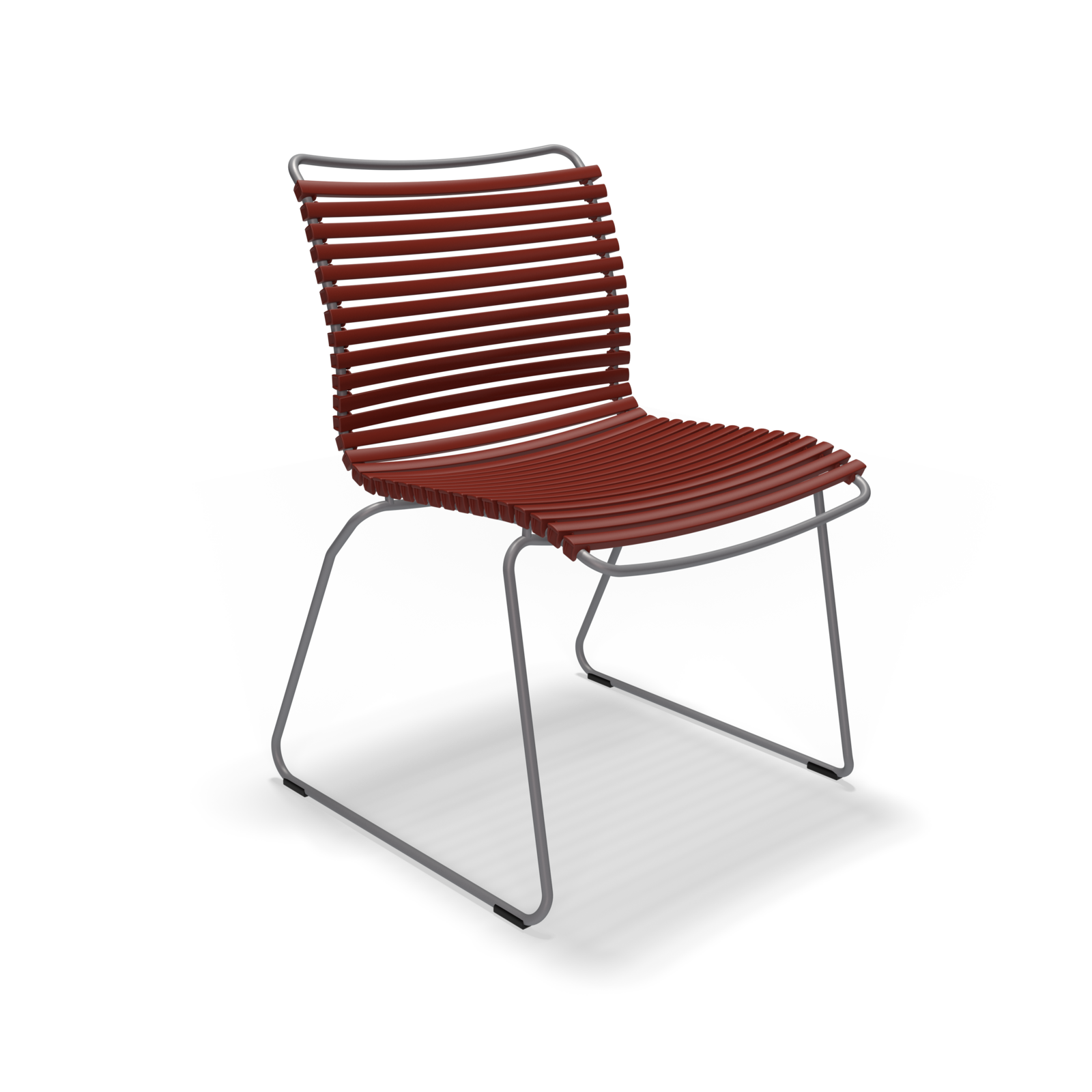 The Click Dining Chair without Armrest by Houe is a modern outdoor chair featuring sleek, minimalist design with a weather-resistant reddish plastic lamella seat, supported by a metal frame with sled-style legs. Set against a black background, it exudes stylish elegance.