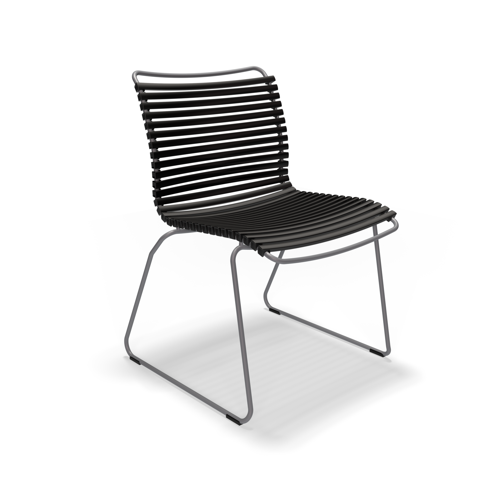 The Click Dining Chair without Armrest by Houe features weather-resistant black plastic lamellas on the seat and backrest, supported by a sleek metal frame with curved legs. Its industrial, minimalist design is striking against a black backdrop.
