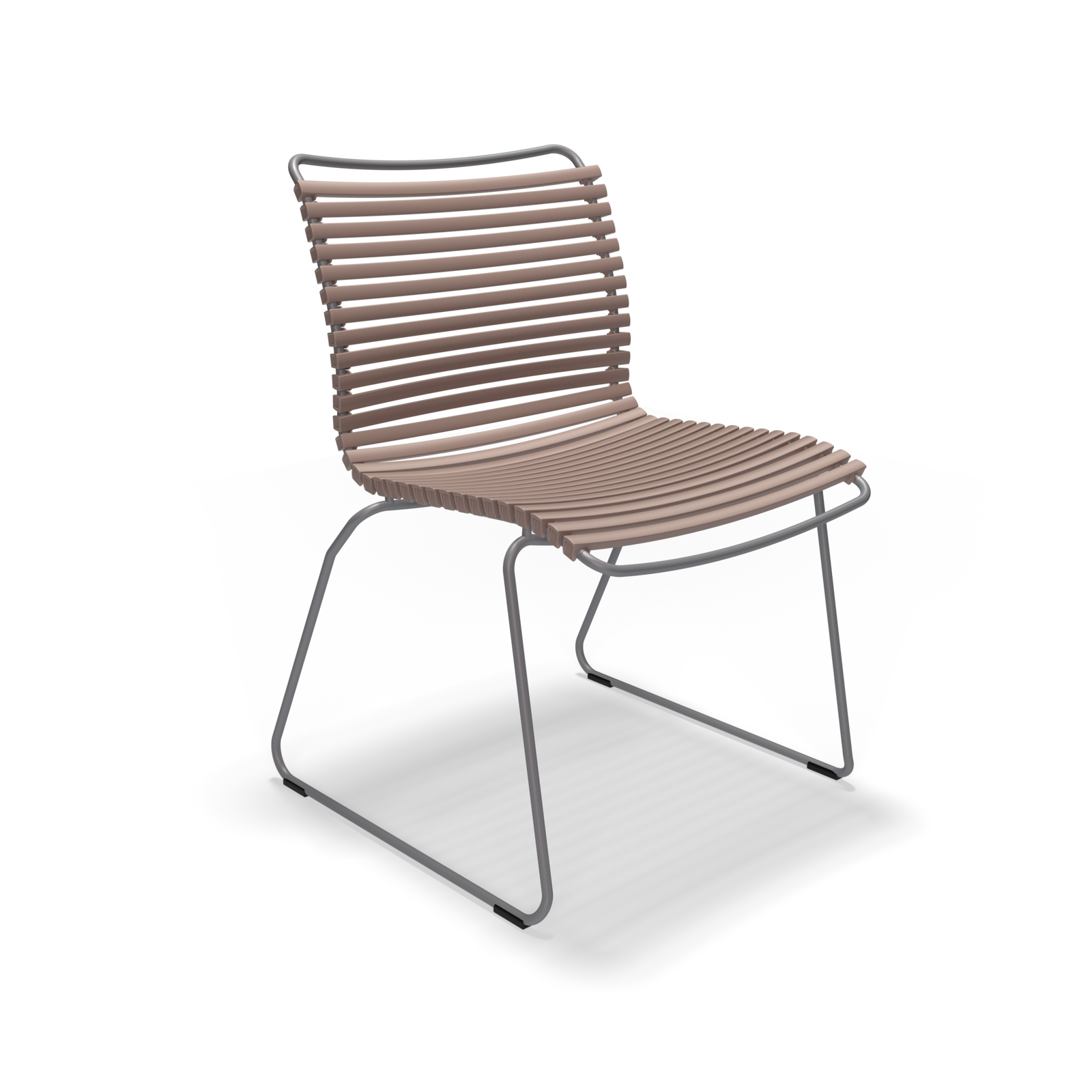The Click Dining Chair without Armrest by Houe is a modern outdoor chair with a tubular metal frame and horizontal light brown plastic lamellas for the back and seat. Its weather-resistant, minimalist design is showcased against a plain black background.