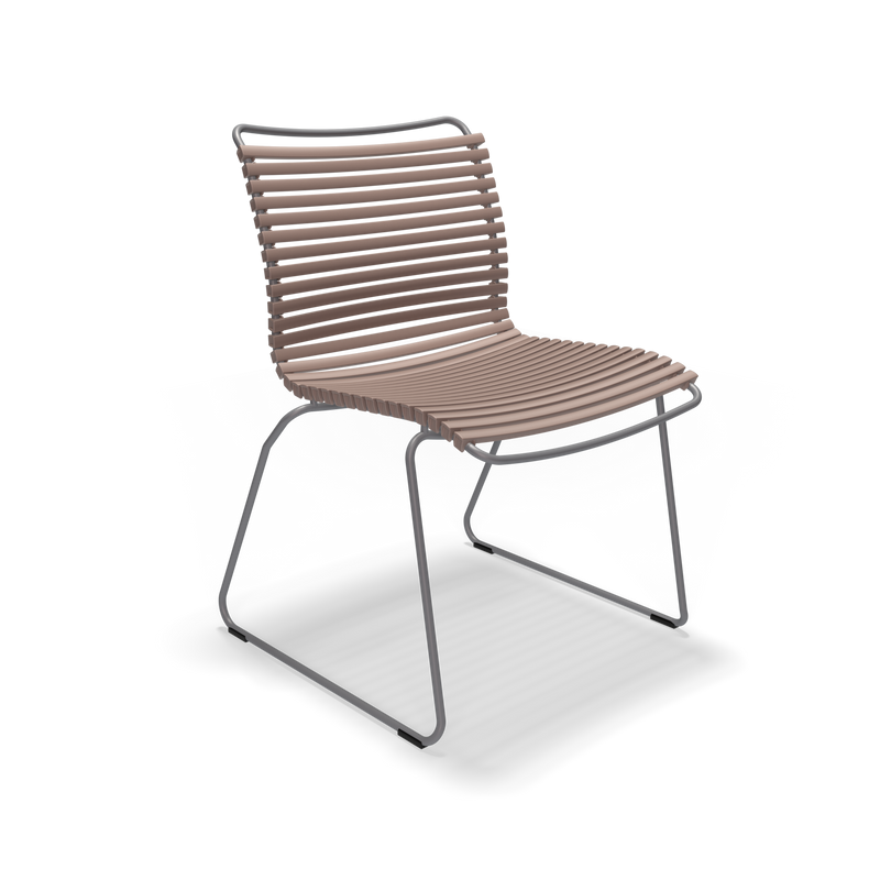 The Click Dining Chair without Armrest by Houe is a modern outdoor chair with a tubular metal frame and horizontal light brown plastic lamellas for the back and seat. Its weather-resistant, minimalist design is showcased against a plain black background.