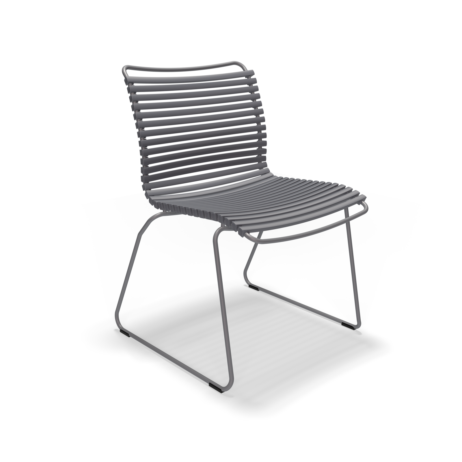 The Click Dining Chair without Armrest by Houe features a modern, minimalist wireframe design in grey. Built for outdoor use, it has weather-resistant parallel metal slats on the seat and back, complemented by a sled-style base. Its sleek look stands out against a solid black background.