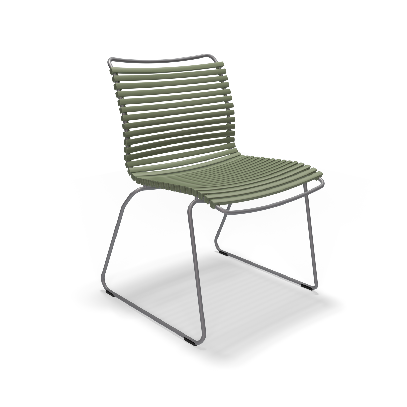 A Houe Click Dining Chair without Armrest features a green, modern design with a slender metal frame and slatted look. The seat and backrest are made of parallel weather-resistant plastic lamellas against a black background.