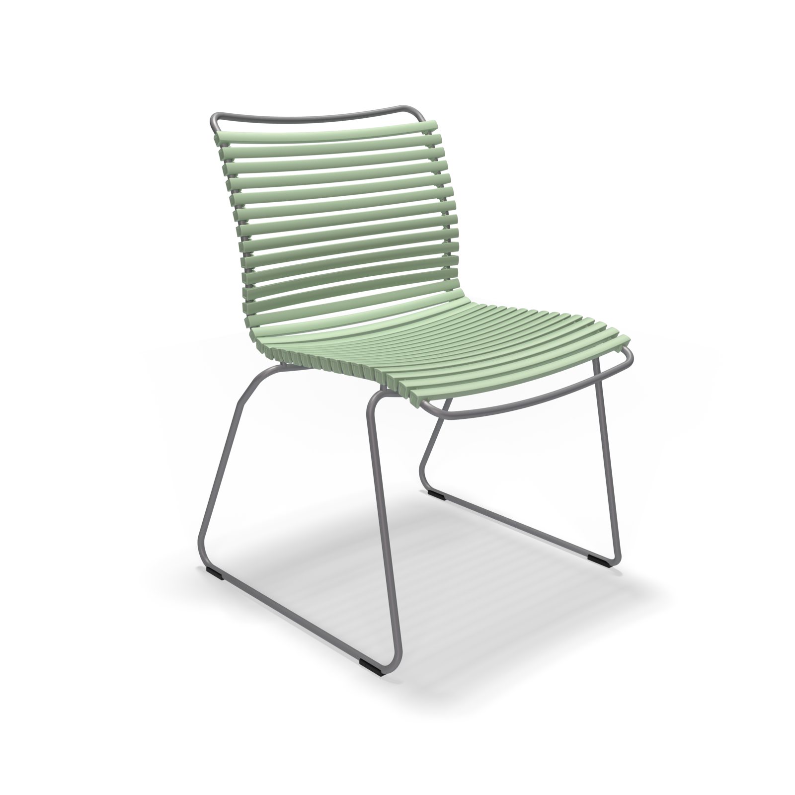 The Click Dining Chair without Armrest by Houe is a modern outdoor chair with a minimalist design, featuring weather-resistant, light green plastic lamellas for the seat and backrest, complemented by thin metal legs and set against a black background.