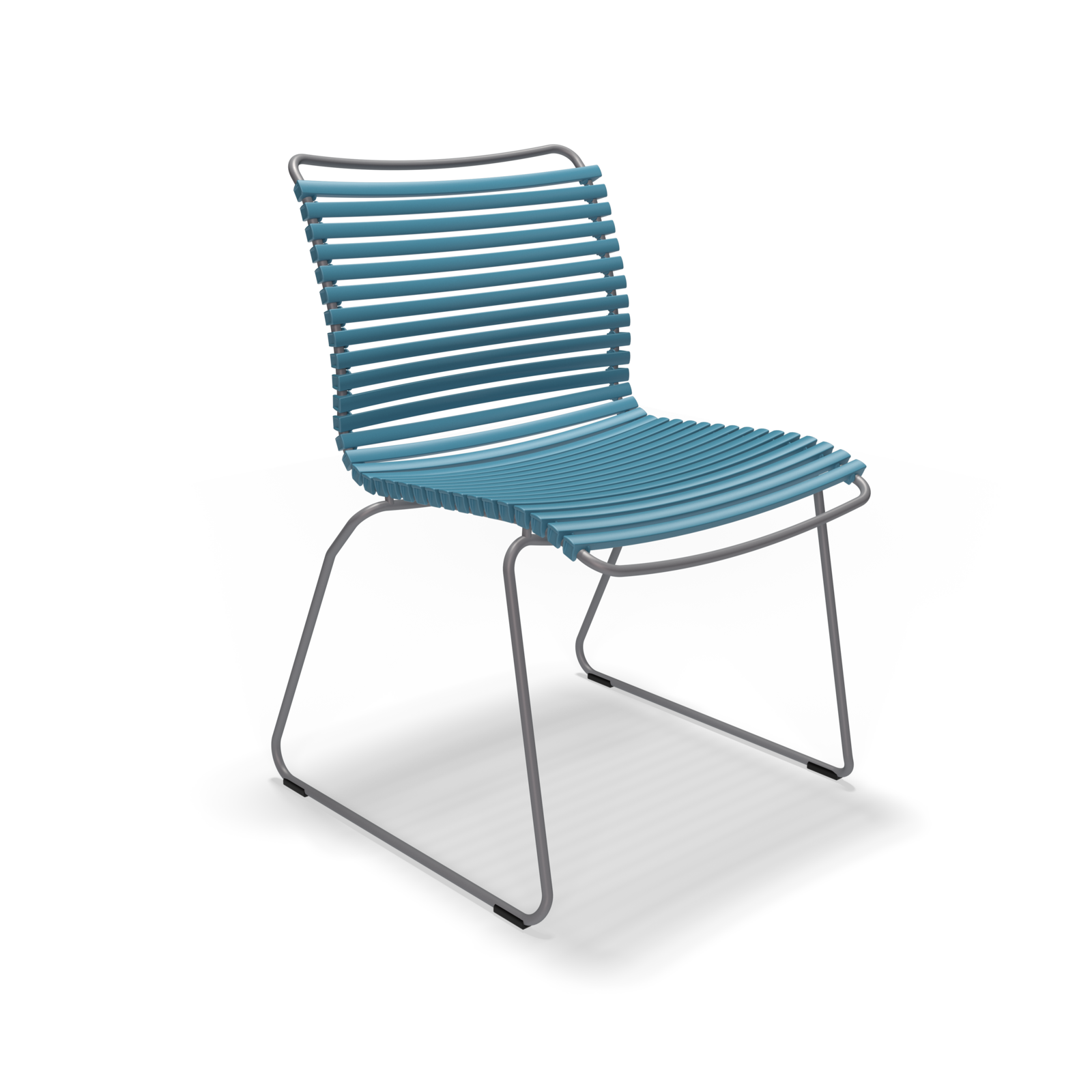 The Click Dining Chair by Houe flaunts a sleek, modern design featuring weather-resistant blue slats for the seat and backrest. It boasts a minimalist metal frame with angled legs and no armrests, all against a plain black background.