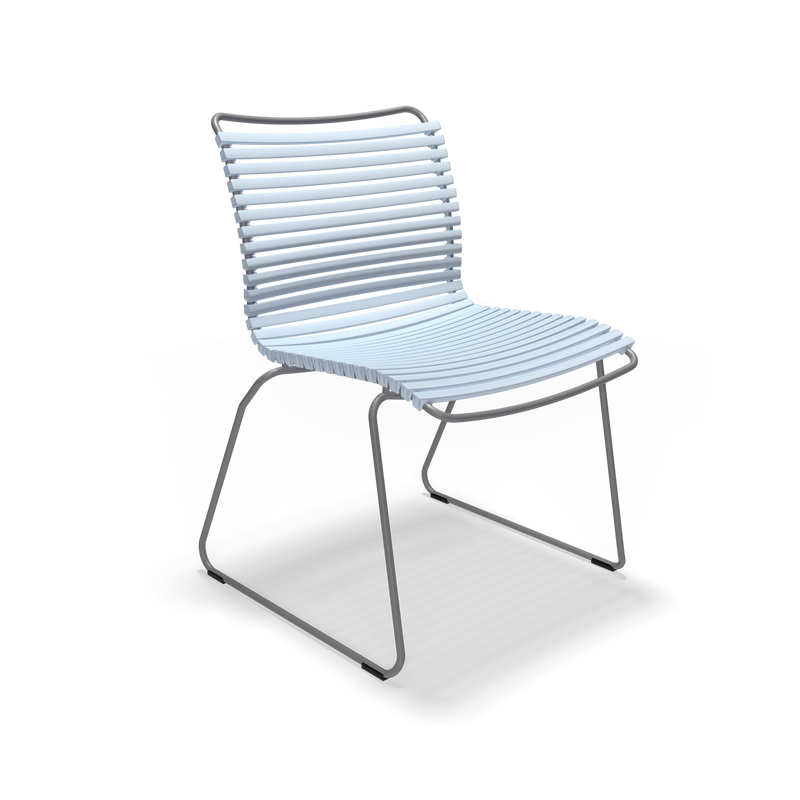 The Click Dining Chair without Armrest by Houe is a modern, minimalist outdoor chair featuring a metal frame with horizontal plastic slats on the seat and backrest. It boasts thin, curved legs and a sleek design, perfect for weather-resistant style. Light-colored slats elegantly contrast against the black frame.