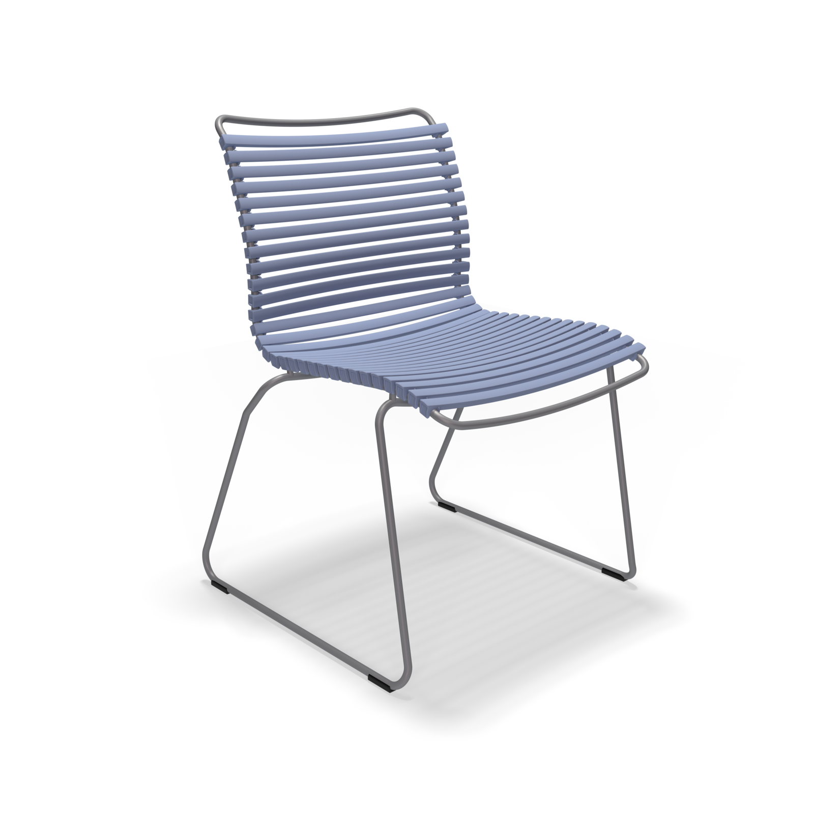 The Click Dining Chair without Armrest by Houe is a modern outdoor chair with a sleek metallic frame and weather-resistant plastic lamellas for the seat and back, offering a contemporary, lightweight design in light blue.