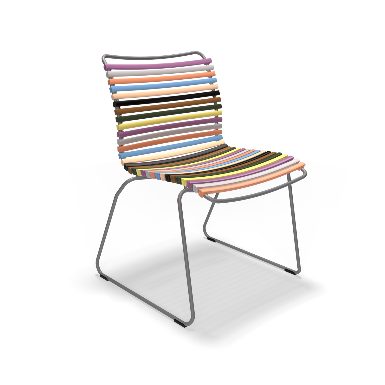 The Click Dining Chair without Armrest by Houe is a modern outdoor chair with weather-resistant plastic lamellas in vibrant shades like pink, blue, orange, and green. Its sleek black metal frame with angled legs highlights its lively palette on a black background.