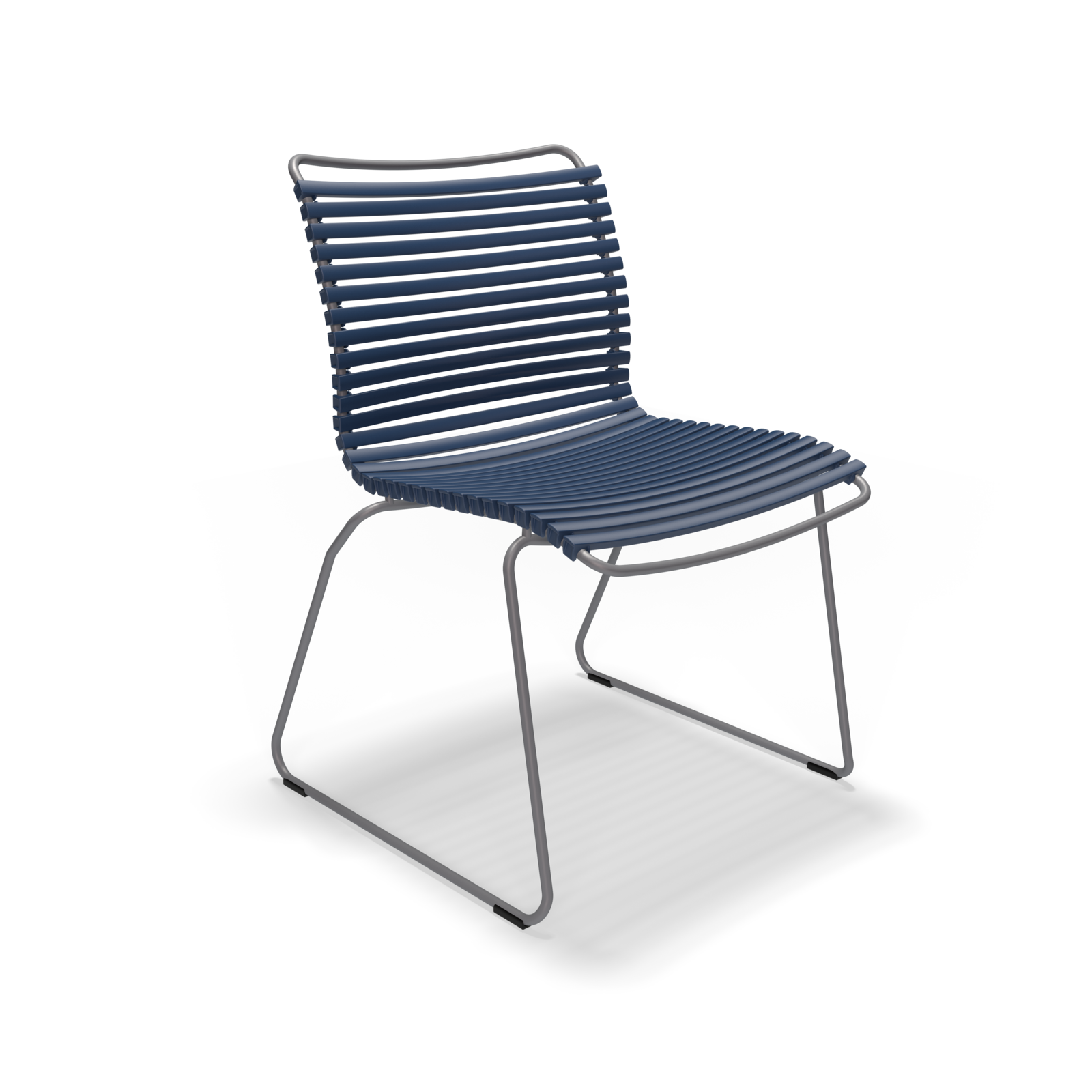 The Click Dining Chair without Armrest by Houe features weather-resistant navy blue slatted plastic lamellas for the seat and back, complemented by sleek metal legs. Its open, minimalist design offers a light and simple contemporary look, perfect for outdoor settings.