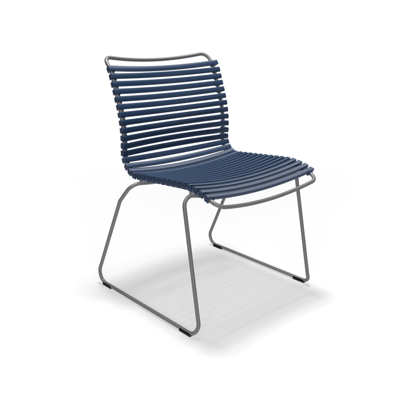 The Click Dining Chair without Armrest by Houe features weather-resistant navy blue slatted plastic lamellas for the seat and back, complemented by sleek metal legs. Its open, minimalist design offers a light and simple contemporary look, perfect for outdoor settings.