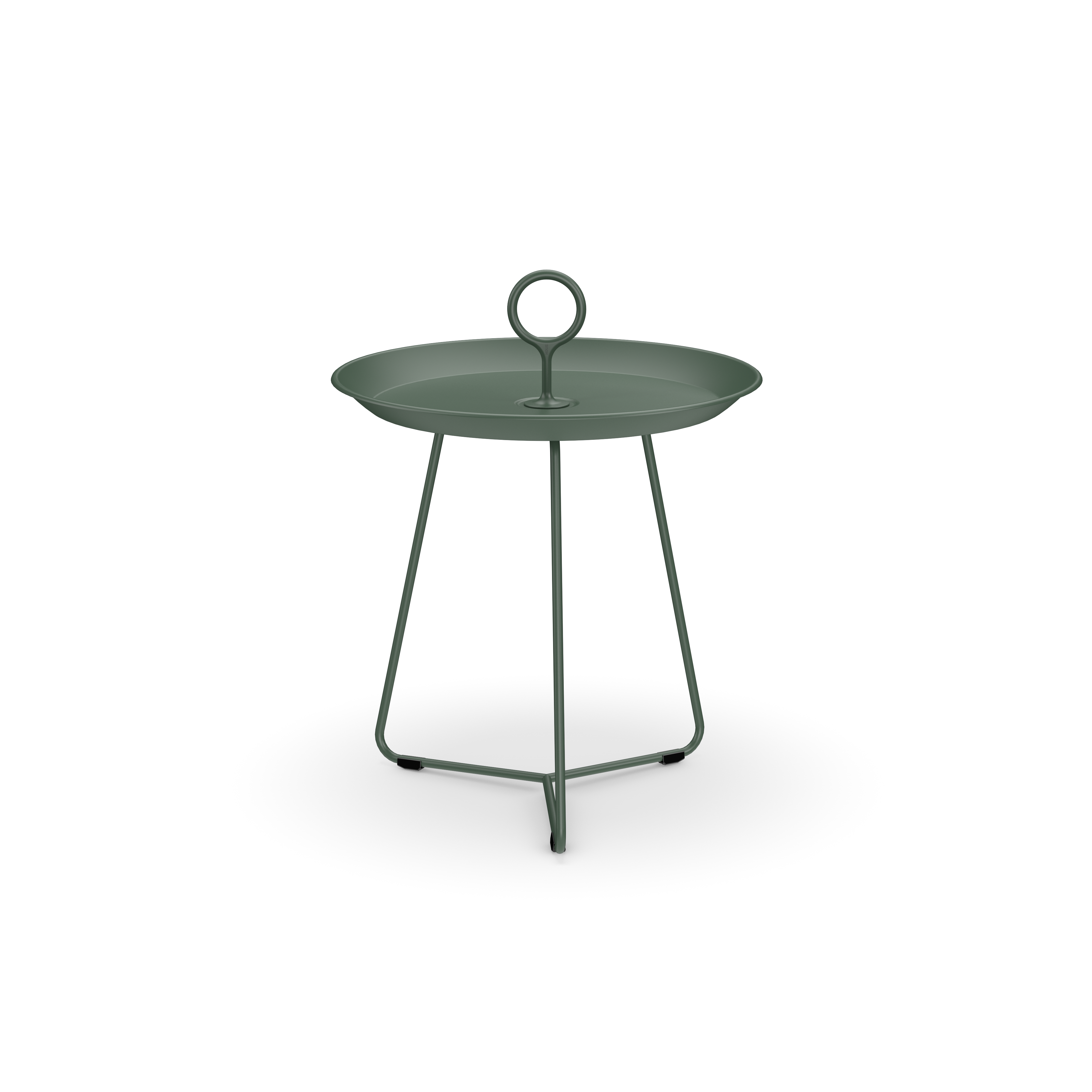 The Eyelet Tray Table by Houe is a minimalist dark green side table made of powder-coated steel, featuring a round tray top with a central circular handle and an elegant three-legged metal frame against a solid black backdrop.