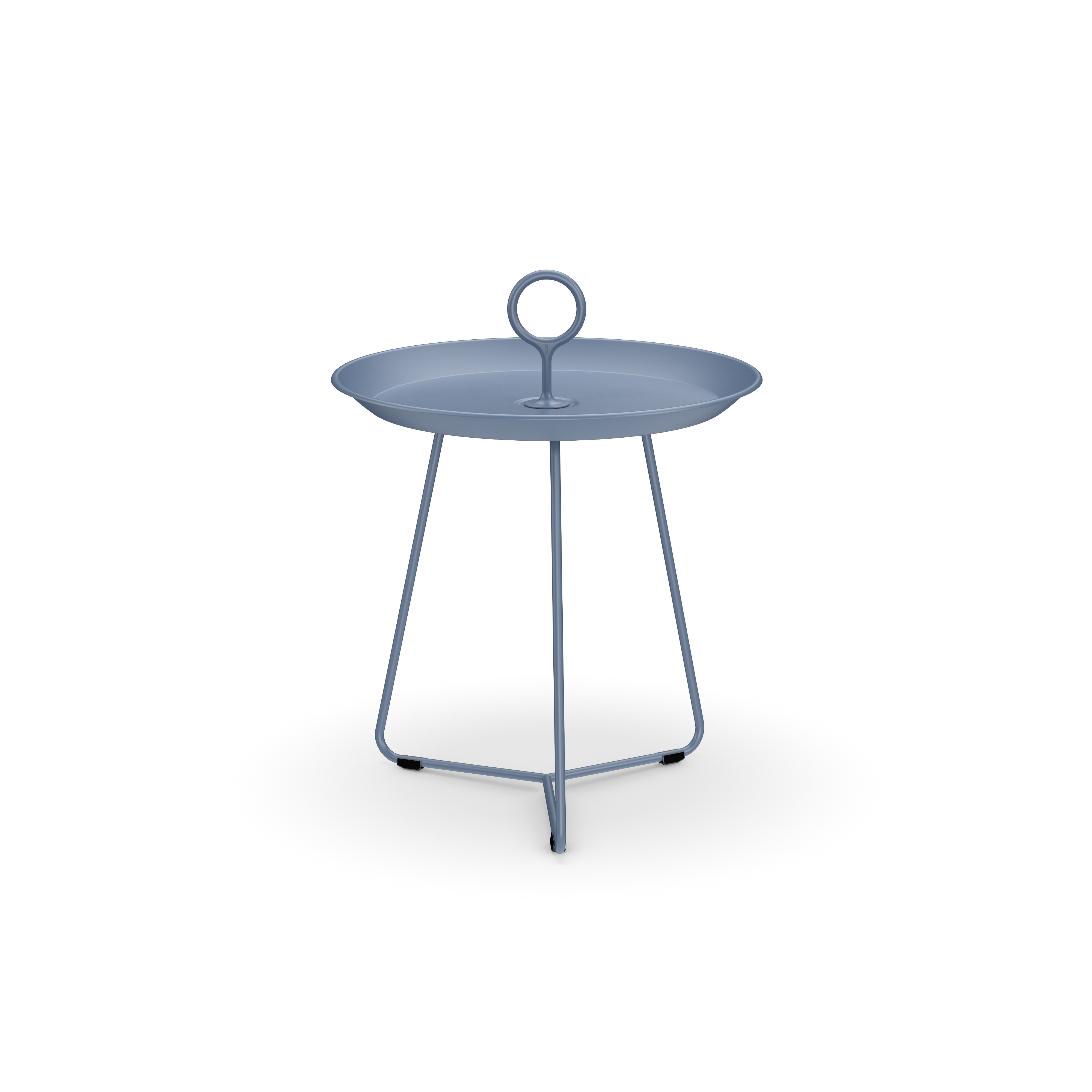 The Houe Eyelet Tray Table is a compact, round side table made of powder-coated steel. It features a flat tray-like top with a central loop handle and slender legs, creating a minimalist and modern design against a solid black backdrop. Its blue color adds a vibrant touch.