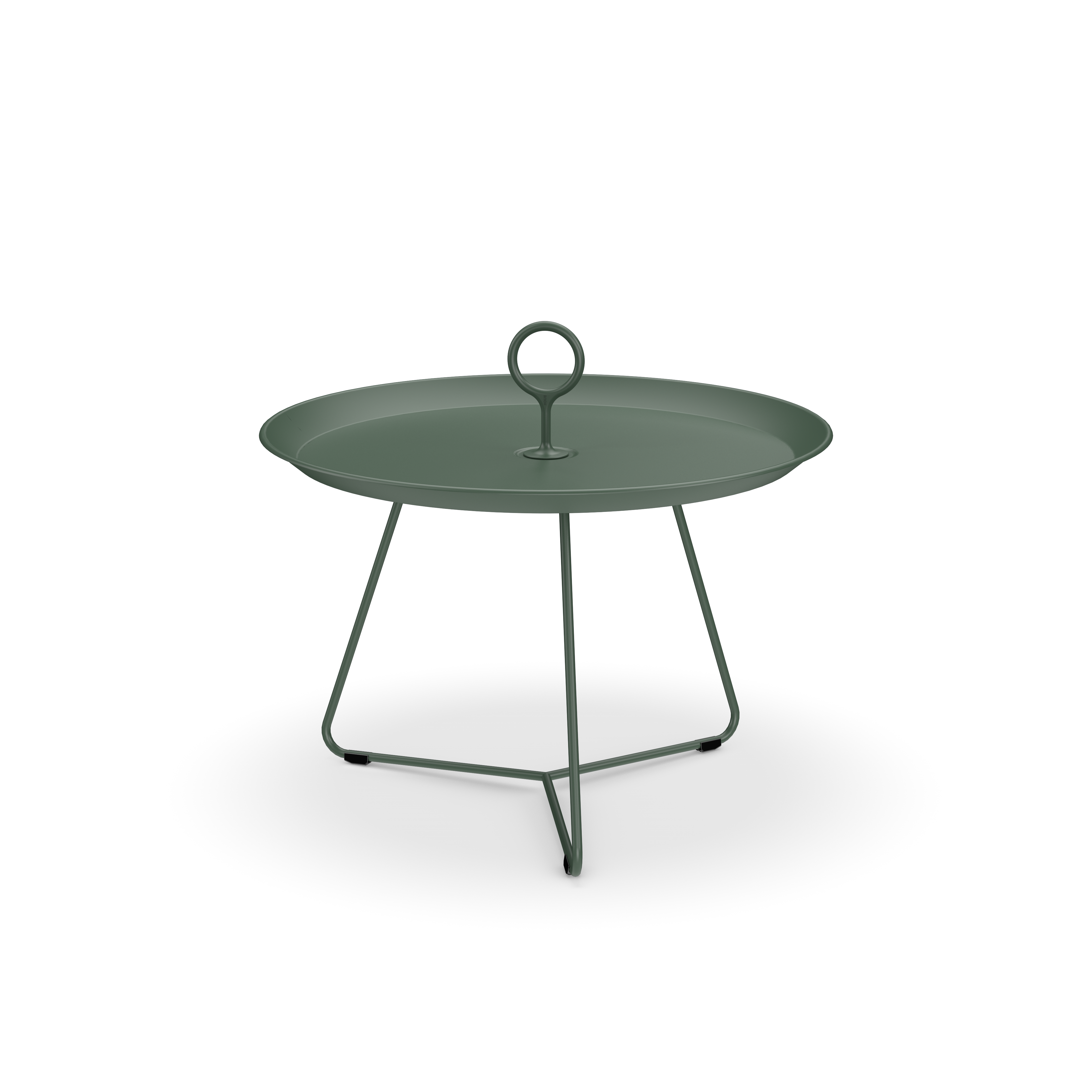 The Eyelet Tray Table by Houe is a minimalist round green metal side table with a tray top and central circular handle. Made from powder-coated steel, it boasts three slender legs and a modern design, perfect for both indoor and outdoor use.