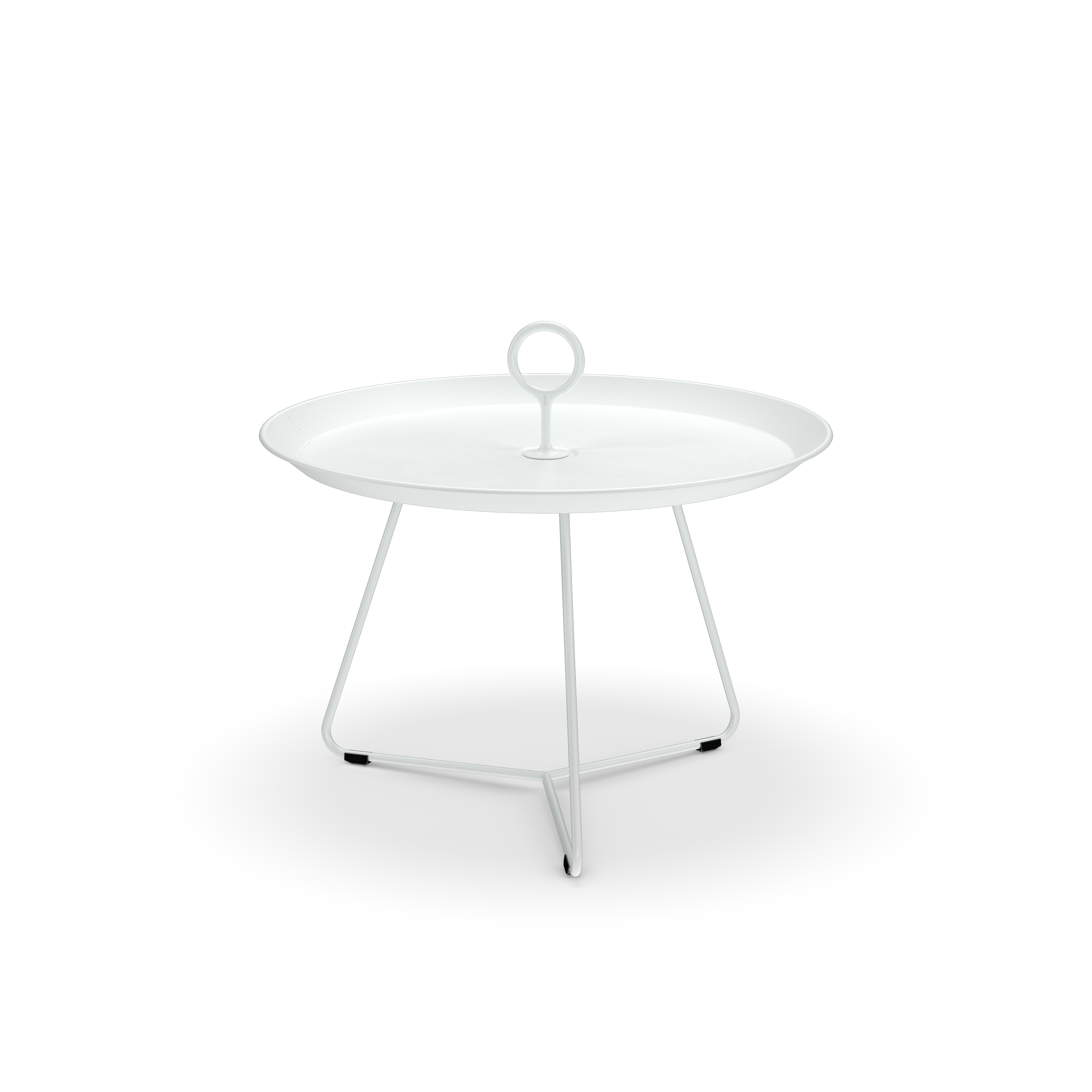 The Houe Eyelet Tray Table is an elegant white side table made from powder-coated steel, boasting a round tray top with a central handle and three slender angled legs against a black background.