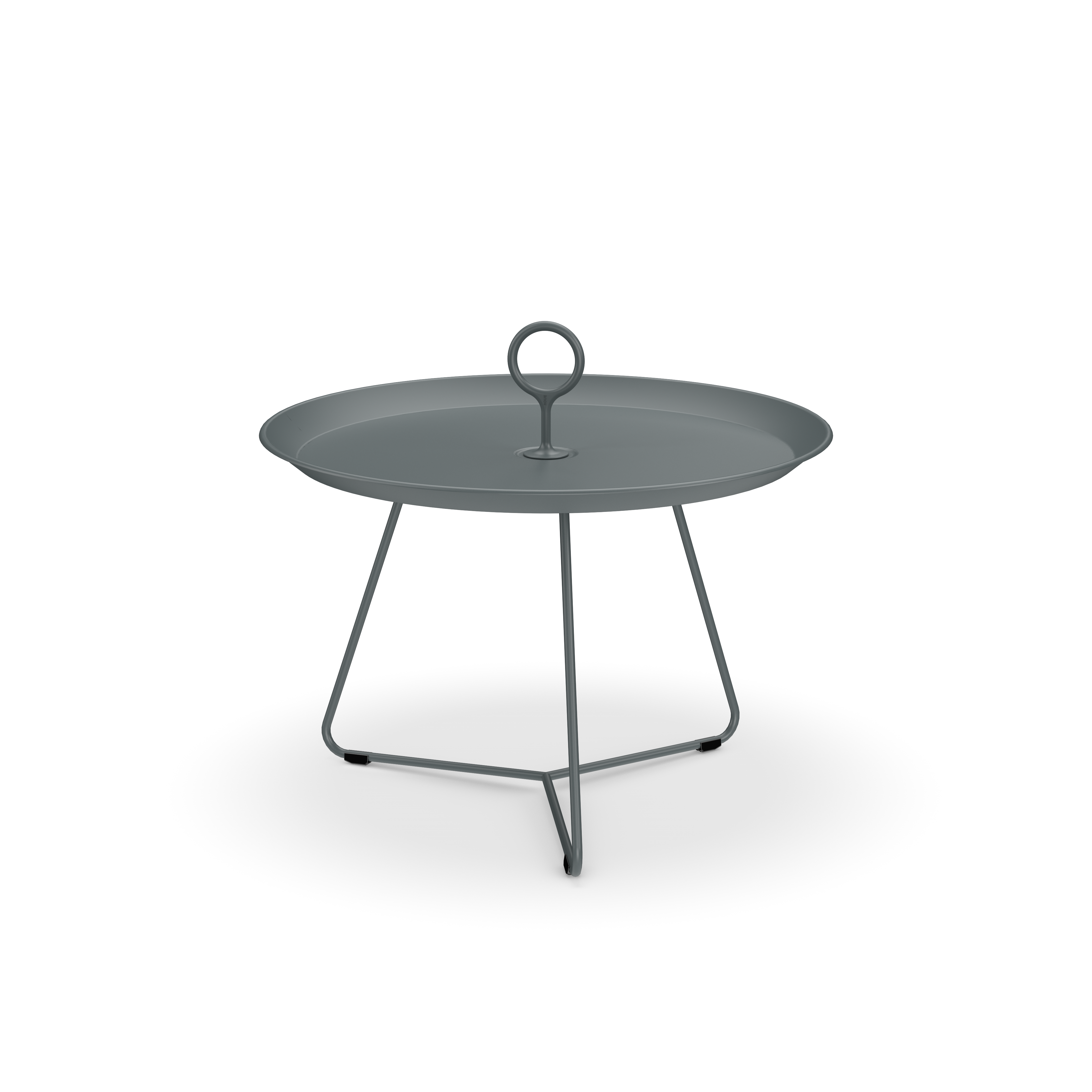 The Eyelet Tray Table by Houe features a sleek, minimalist design with a dark gray powder-coated steel finish. It includes a tall central handle and three slender legs for stylish functionality.