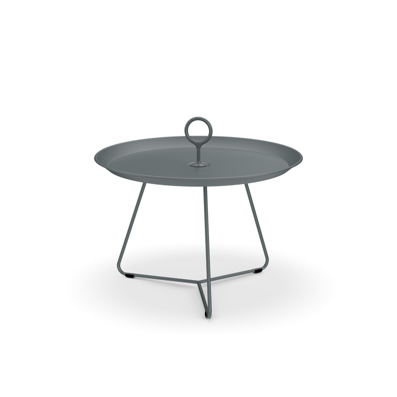 The Eyelet Tray Table by Houe features a sleek, minimalist design with a dark gray powder-coated steel finish. It includes a tall central handle and three slender legs for stylish functionality.