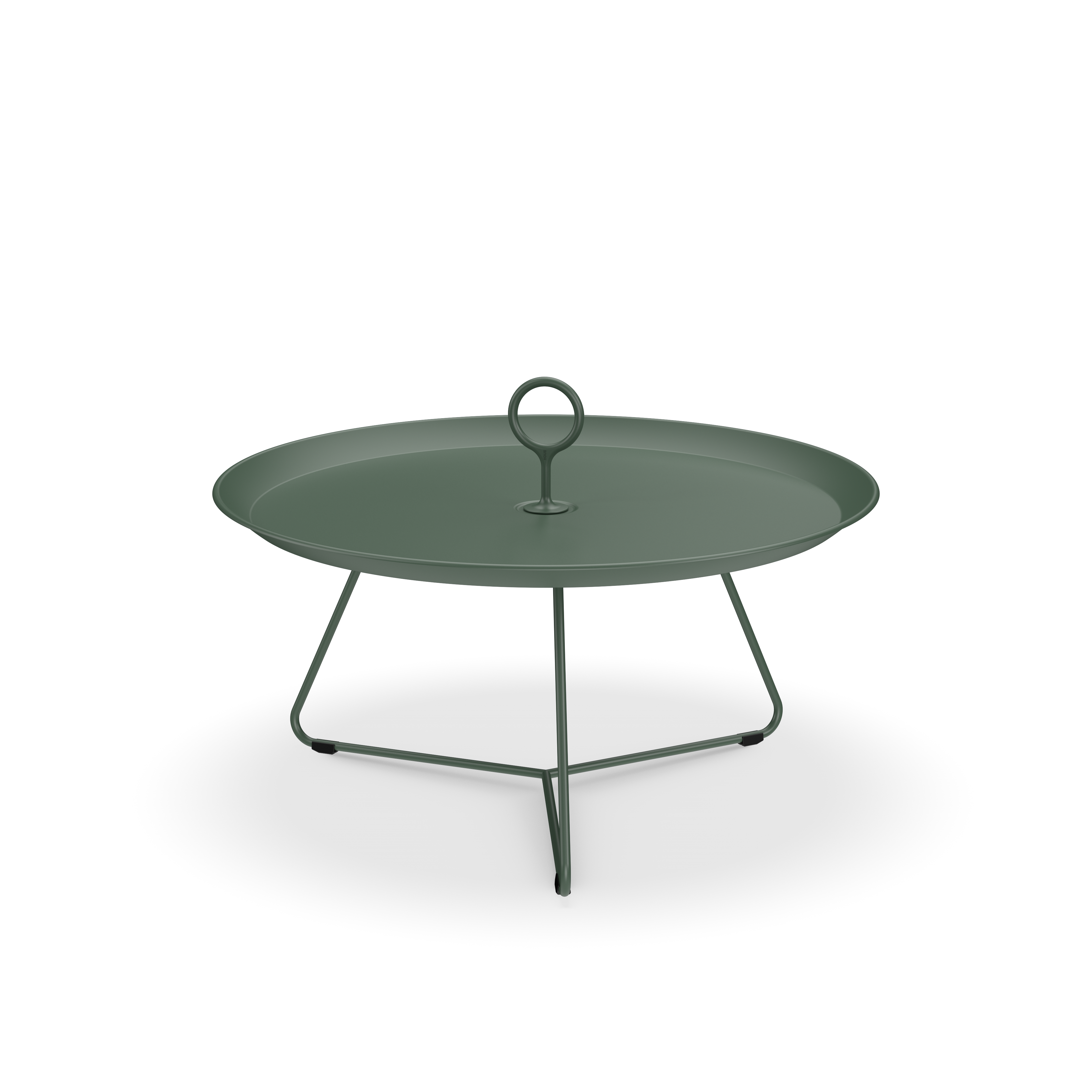 The Eyelet Tray Table by Houe is a sleek, minimalist side table made from powder-coated steel in dark green. It has a raised edge, central handle, and three slightly outward-tapering slender legs for modern elegance against a solid black background.
