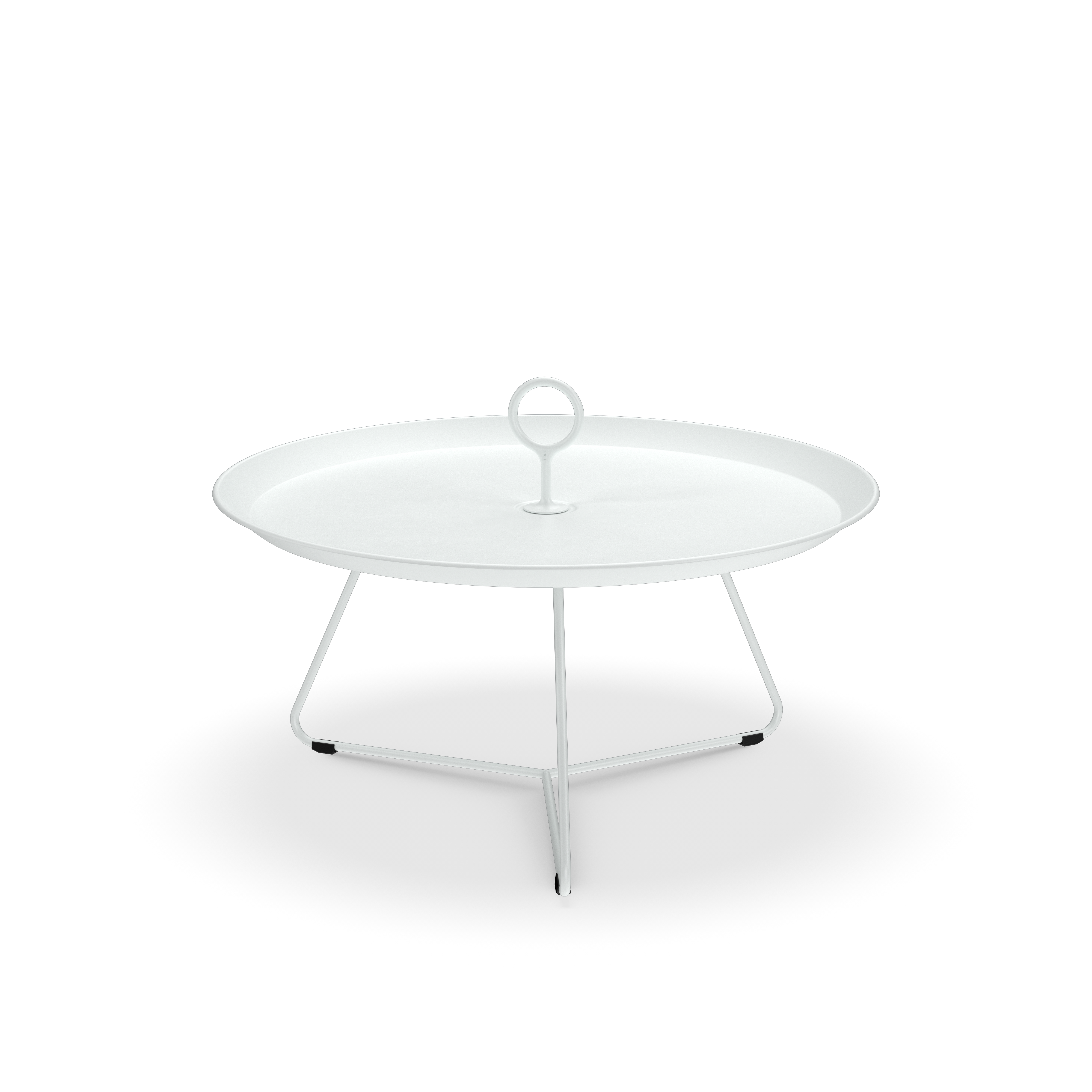 The Houe Eyelet Tray Table showcases a chic, white powder-coated steel table with a raised rim on a minimalist tripod stand, featuring a central circular handle.