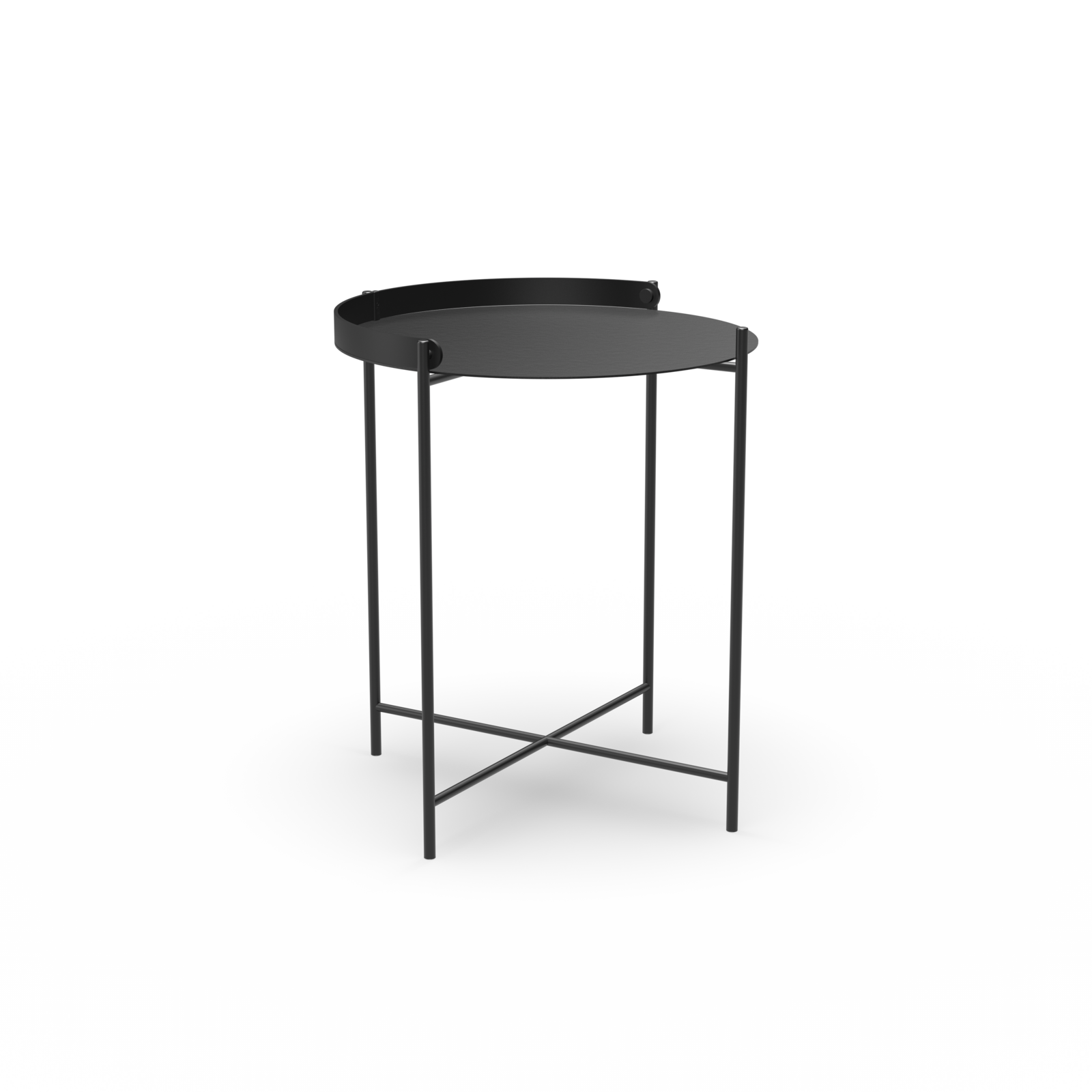 The Edge Tray Table by Houe is a sleek, modern black round tray table with raised edges made from powder-coated steel. It features slender, minimalist metal legs with crossbars for a lightweight and stylish look.