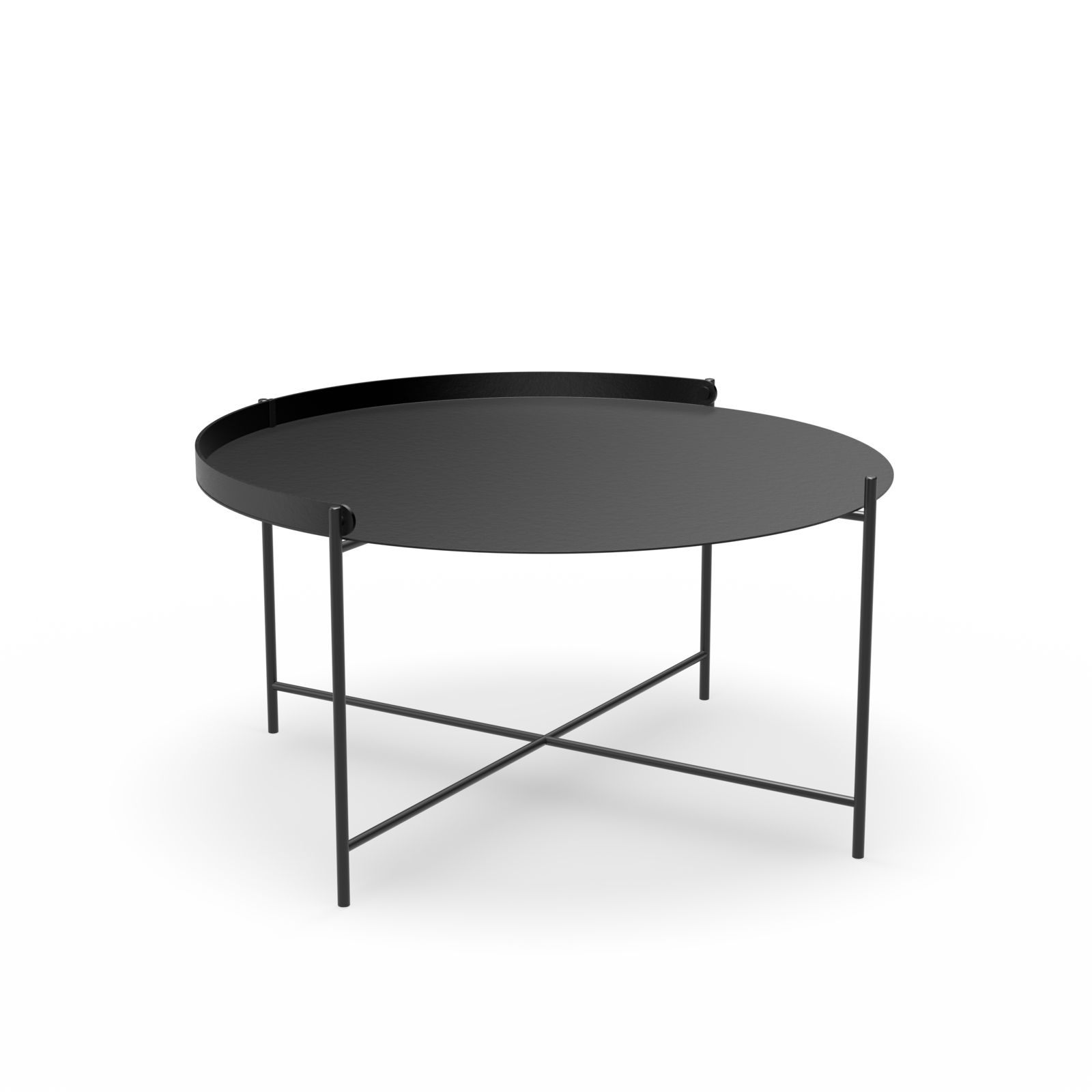 The Edge Tray Table by Houe is a round black metal side table with a thin, smooth surface and raised edge. Made from powder-coated steel, it features a minimalist design with slender intersecting legs, perfect for contemporary interiors thanks to its modern and sleek appearance.
