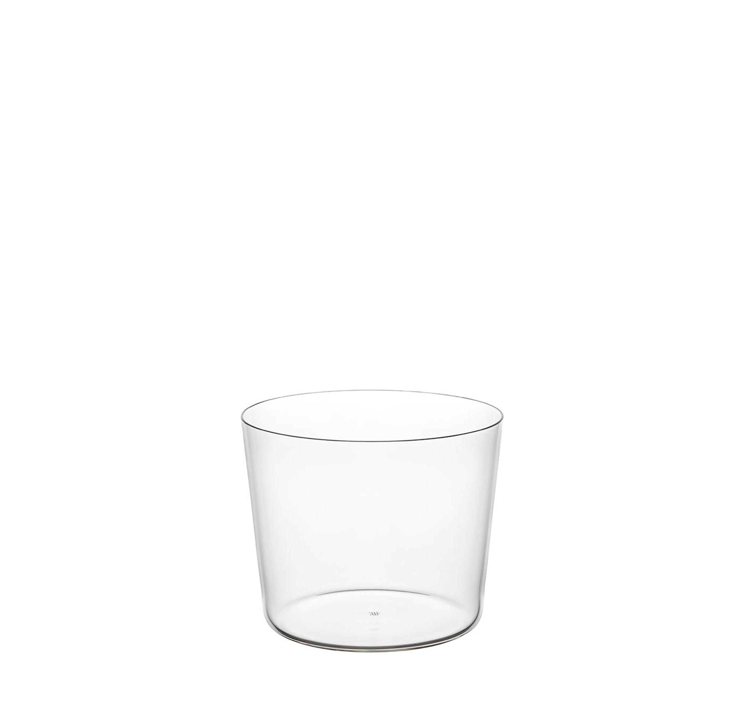 A clear, empty tumbler with a smooth surface stands against a white backdrop. Its elegant, modern cylindrical design mirrors Lobmeyrs Drinking Set No.1003, crafted from mouth-blown lead-free crystal.