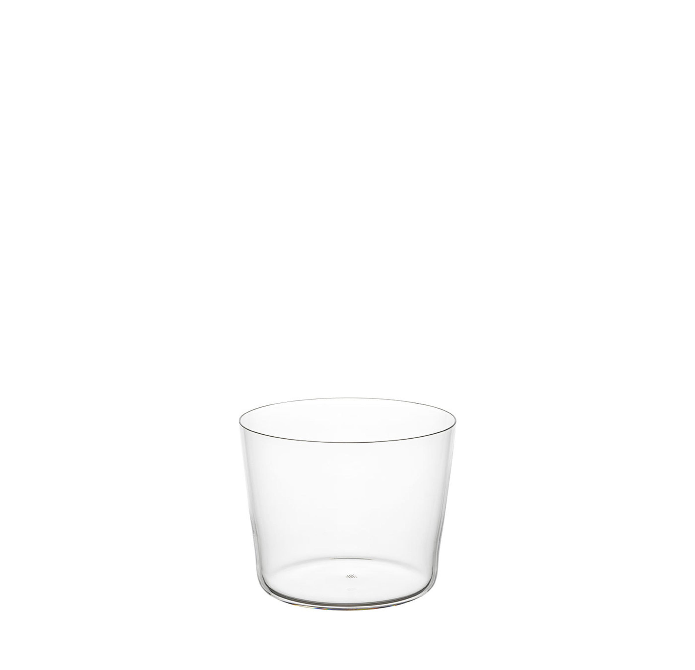 A clear, cylindrical glass tumbler with a flat base from Lobmeyrs Drinking Set No. 1003, reminiscent of the elegant Vera Lišková design, is set against a plain white background.