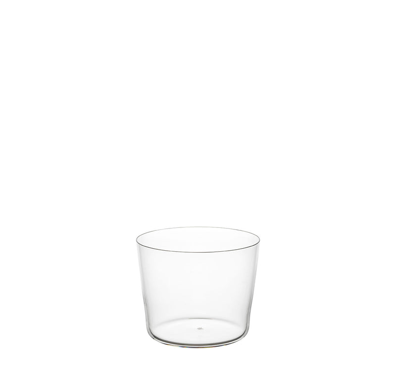 A clear, cylindrical glass tumbler with a flat base from Lobmeyrs Drinking Set No. 1003, reminiscent of the elegant Vera Lišková design, is set against a plain white background.