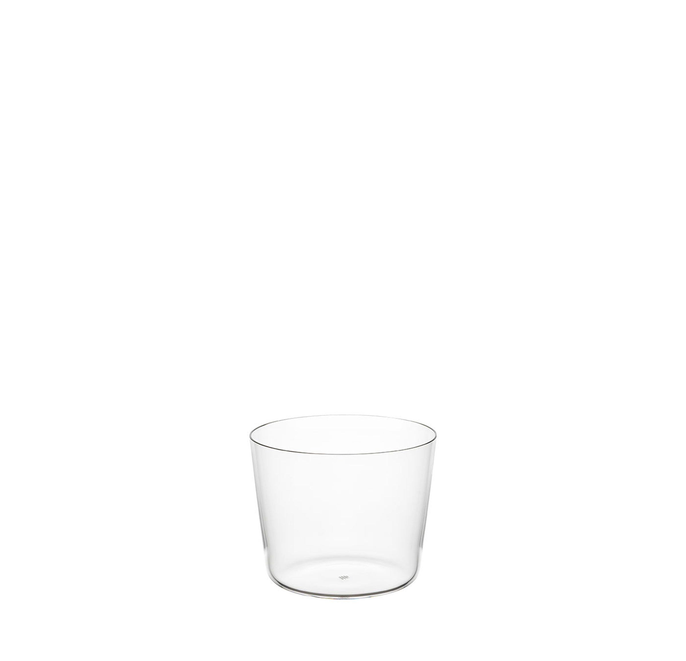 The Drinking Set No. 1003 by Lobmeyr features a small, transparent glass crafted from mouth-blown lead-free crystal with a simple cylindrical shape against a plain white background.