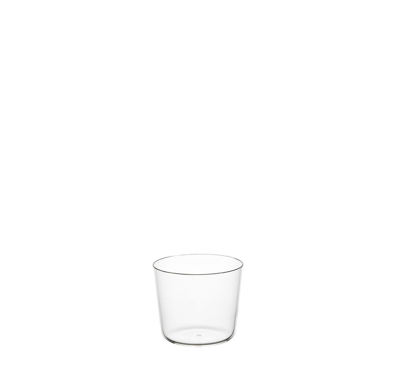 A clear, empty glass tumbler from the Lobmeyr Drinking Set No. 1003 is centered against a plain white background, showcasing its simple cylindrical shape with smooth edges and a clean design made from mouth-blown lead-free crystal.