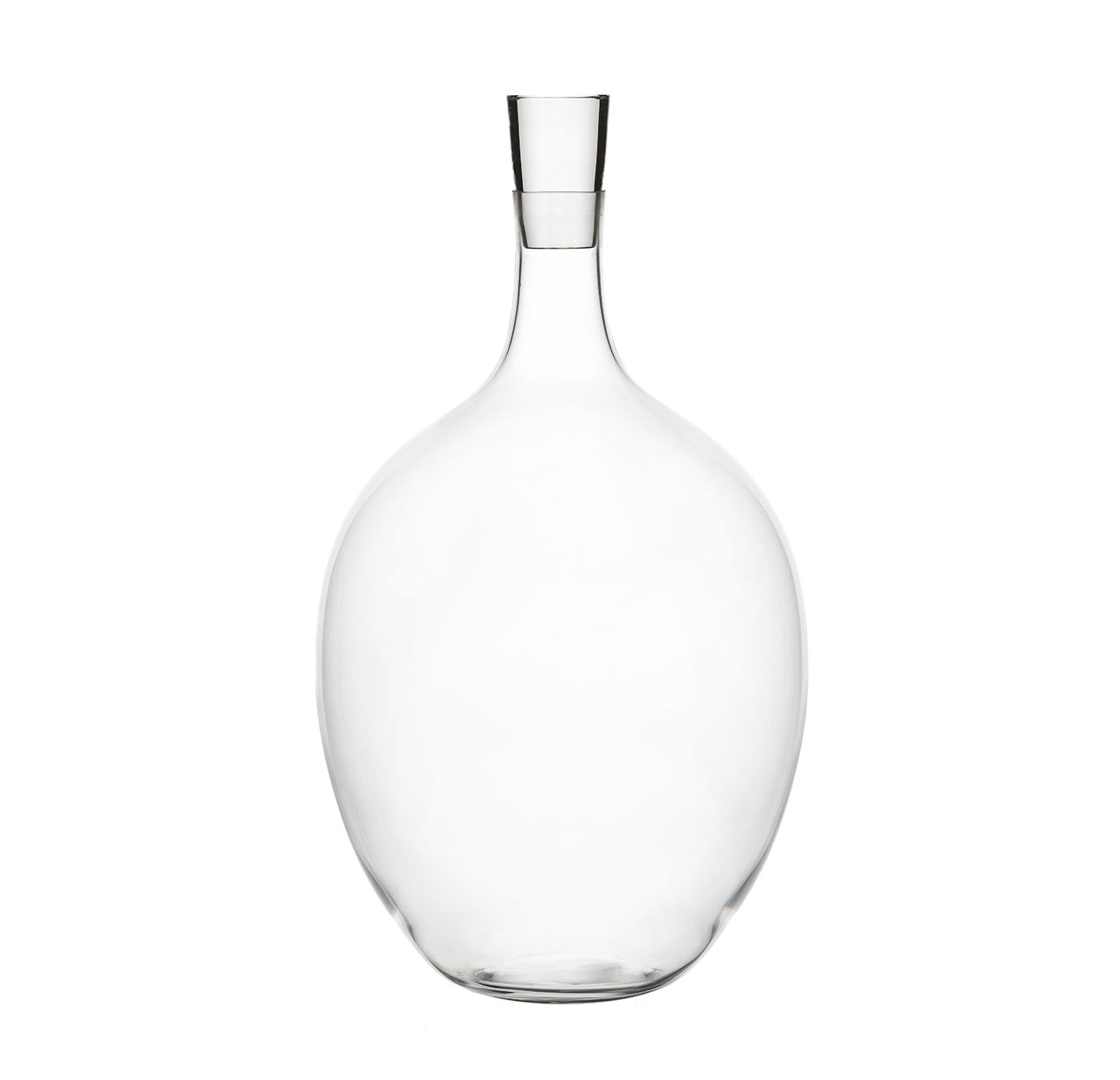 The Lobmeyr Drinking Set No. 1003 includes a clear glass decanter with a wide, rounded body and narrow neck, set against a white background. Made from mouth-blown lead-free crystal, its sleek, minimalist design is perfect for serving wine or liquor with elegance and purity.