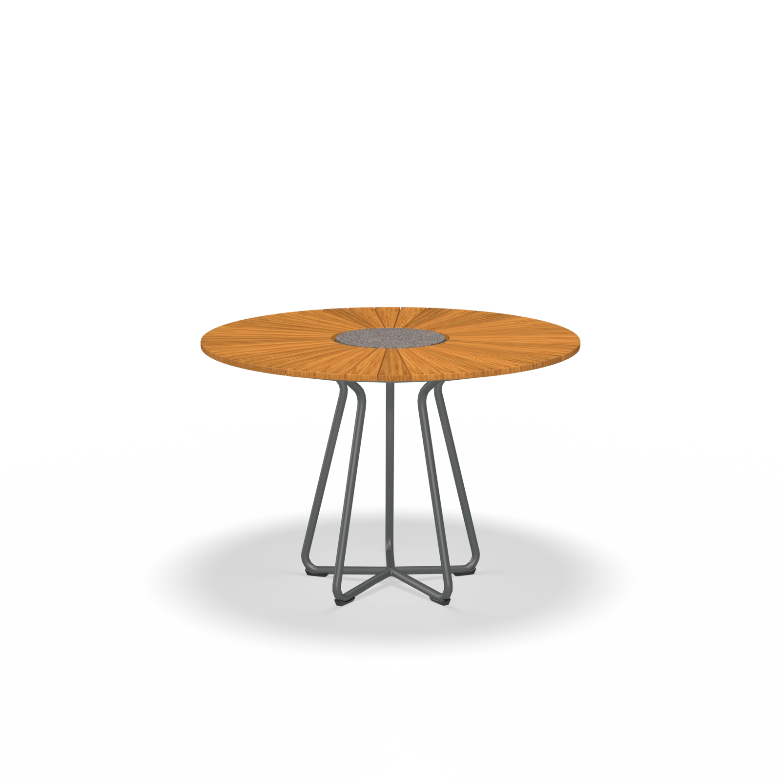 The Circle Table by Houe is a round wooden piece featuring a central geometric pattern and an innovative base made from intertwined powder-coated aluminum legs.