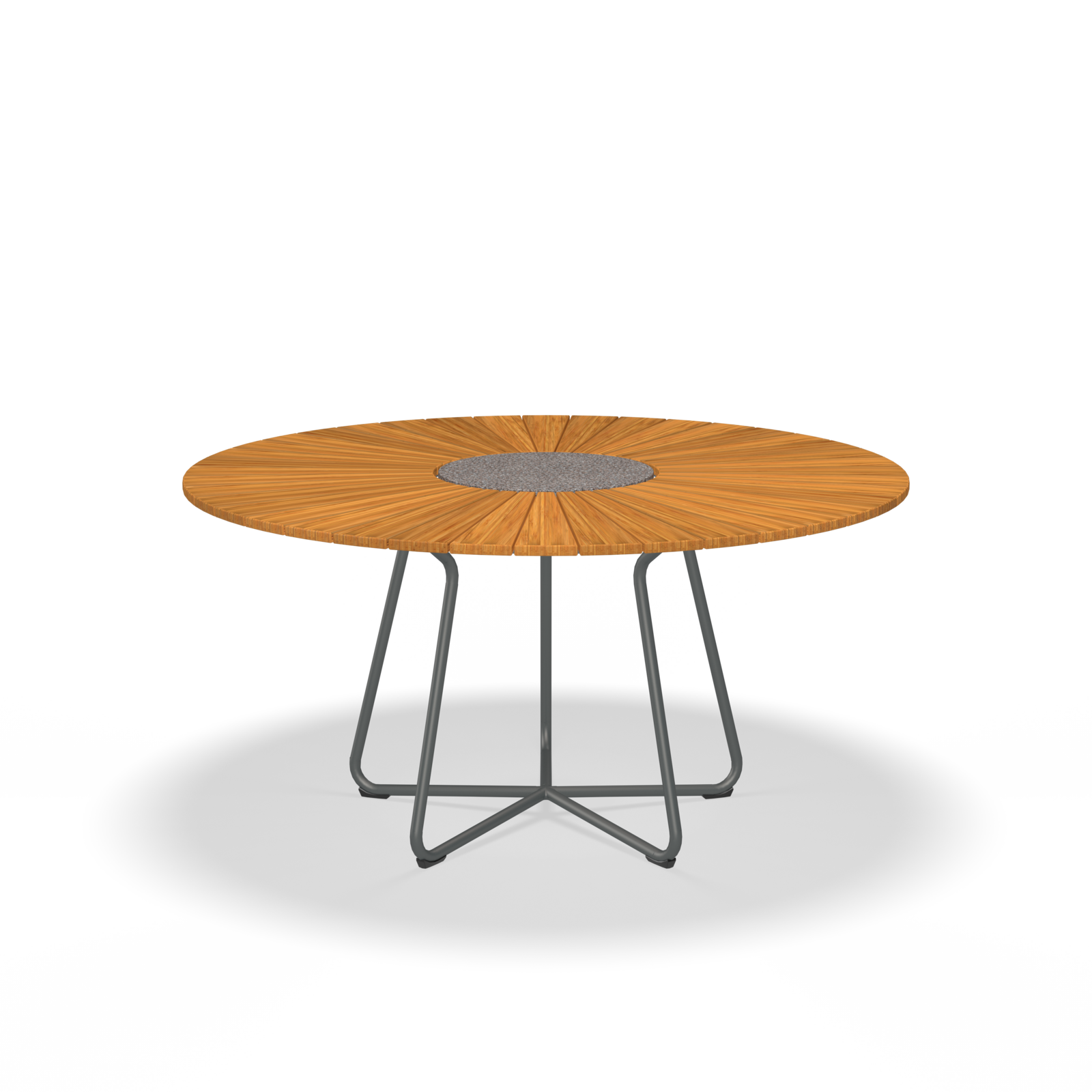 The Circle Table by Houe features a round wooden top with a gray central design and rests on a powder-coated aluminum geometric wireframe base, set against a plain black background.