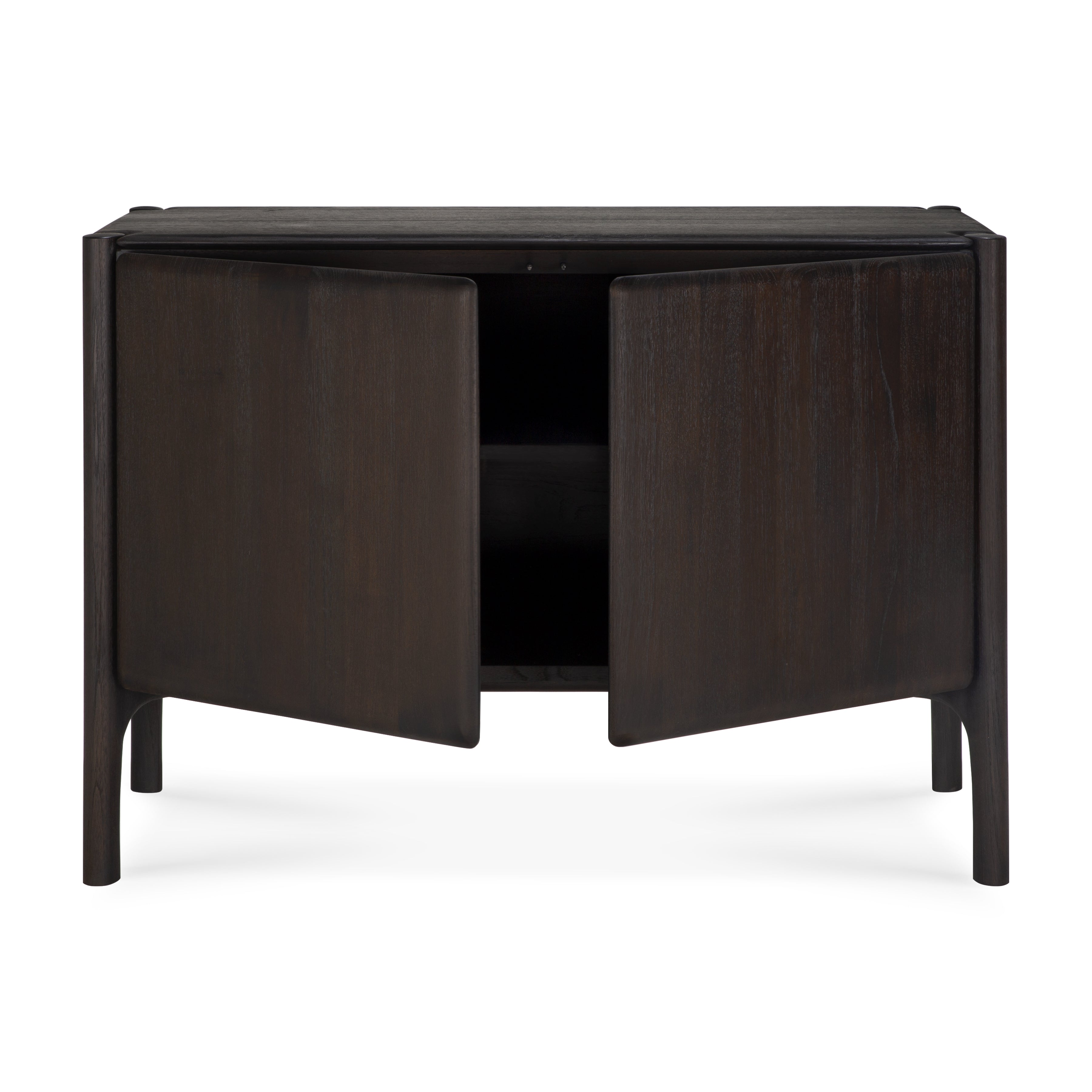 Pi Sideboard in dark varnished teak with two doors open, showcasing its spacious storage and modern design.