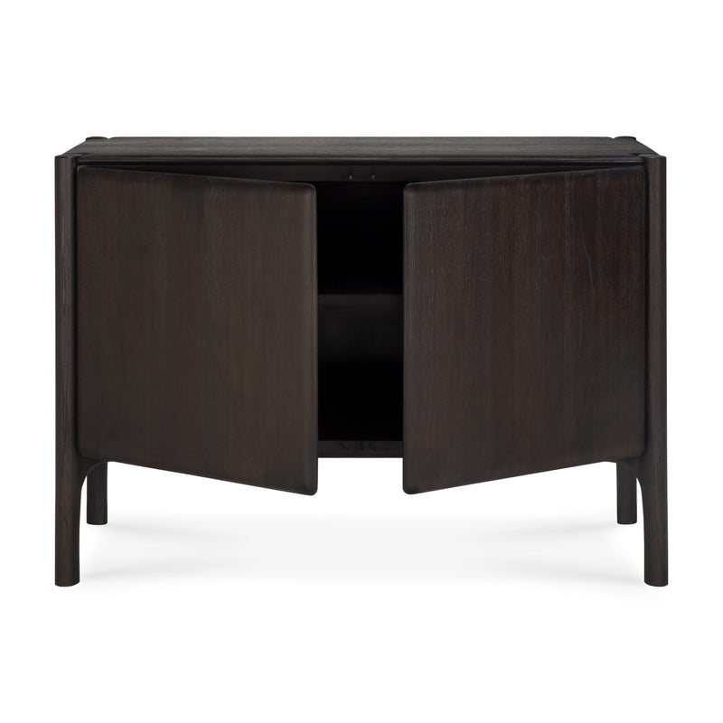 Pi Sideboard in dark varnished teak with two doors open, showcasing its spacious storage and modern design.